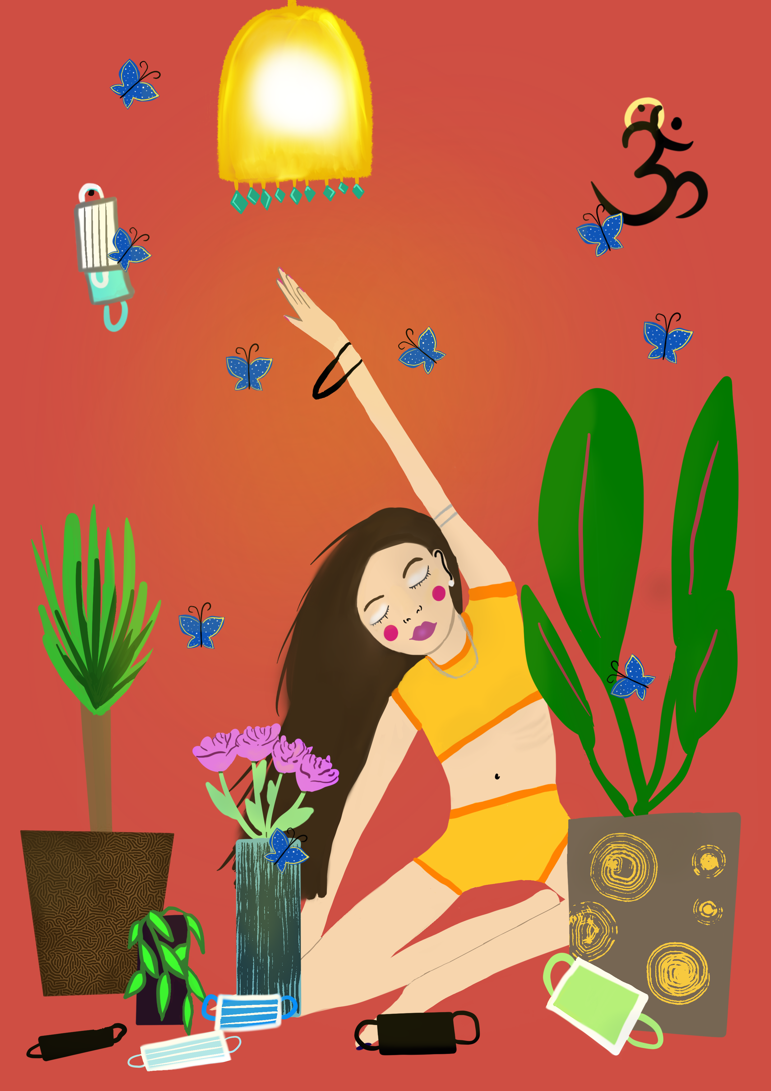 Illustration of a girl with long dark hair, wearing a yellow crop top and matching shorts, with closed eyes and relaxed expression. She is surrounded by various potted plants, butterflies, face masks, and a box of face masks, all on a reddish backgro