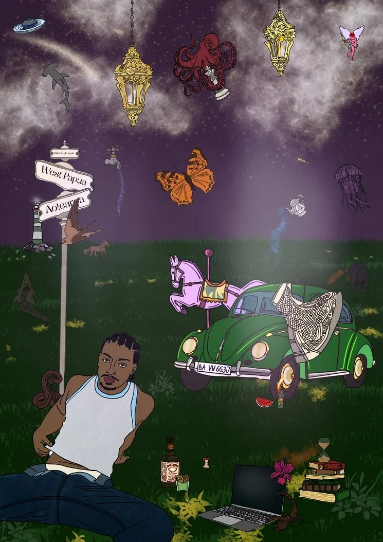 A surreal scene with a man sitting on the grass near a green vintage car with a blanket draped over the windshield. There is a pink carousel horse on the car, a bottle and a laptop nearby, and a signpost with names 'Wes! Papia', and 'Noleguara'. In the background, there are floating lanterns, animals like a zebra, a butterfly, an octopus, jellyfish, and a fairy in a pink dress with wings, all set against a starry, cosmic sky with planets and meteors.