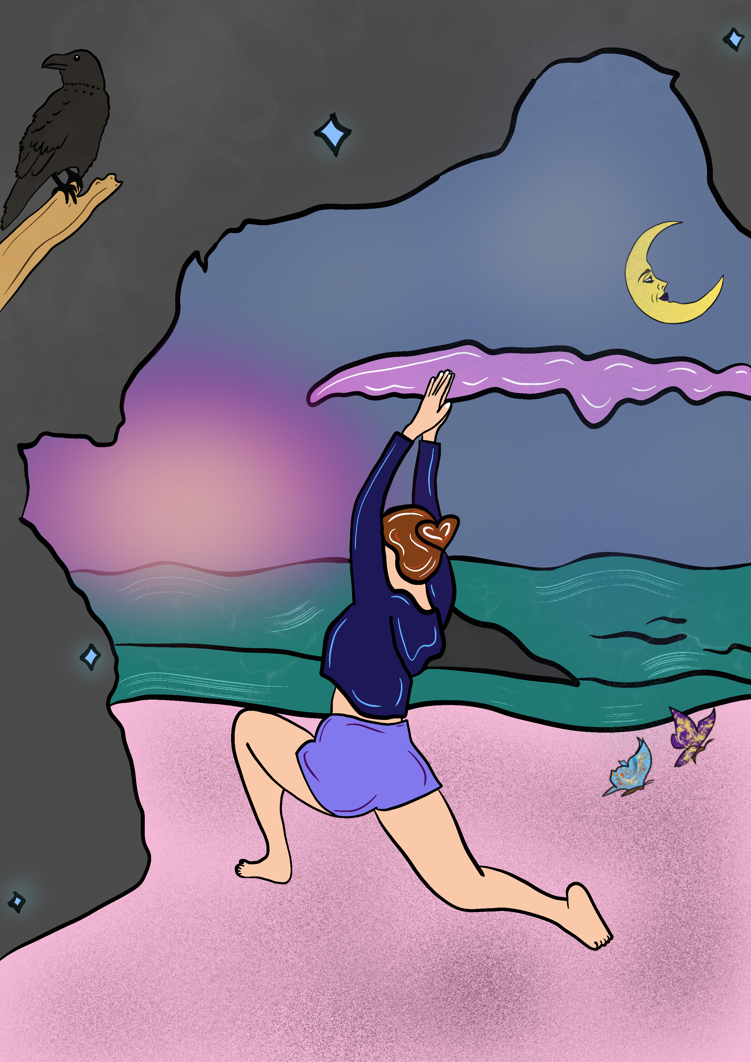 A person kneeling on pink sand, wearing a purple dress, with an arm extended upward, in a cave opening to the sky, with butterflies and a moon with a face in the background.