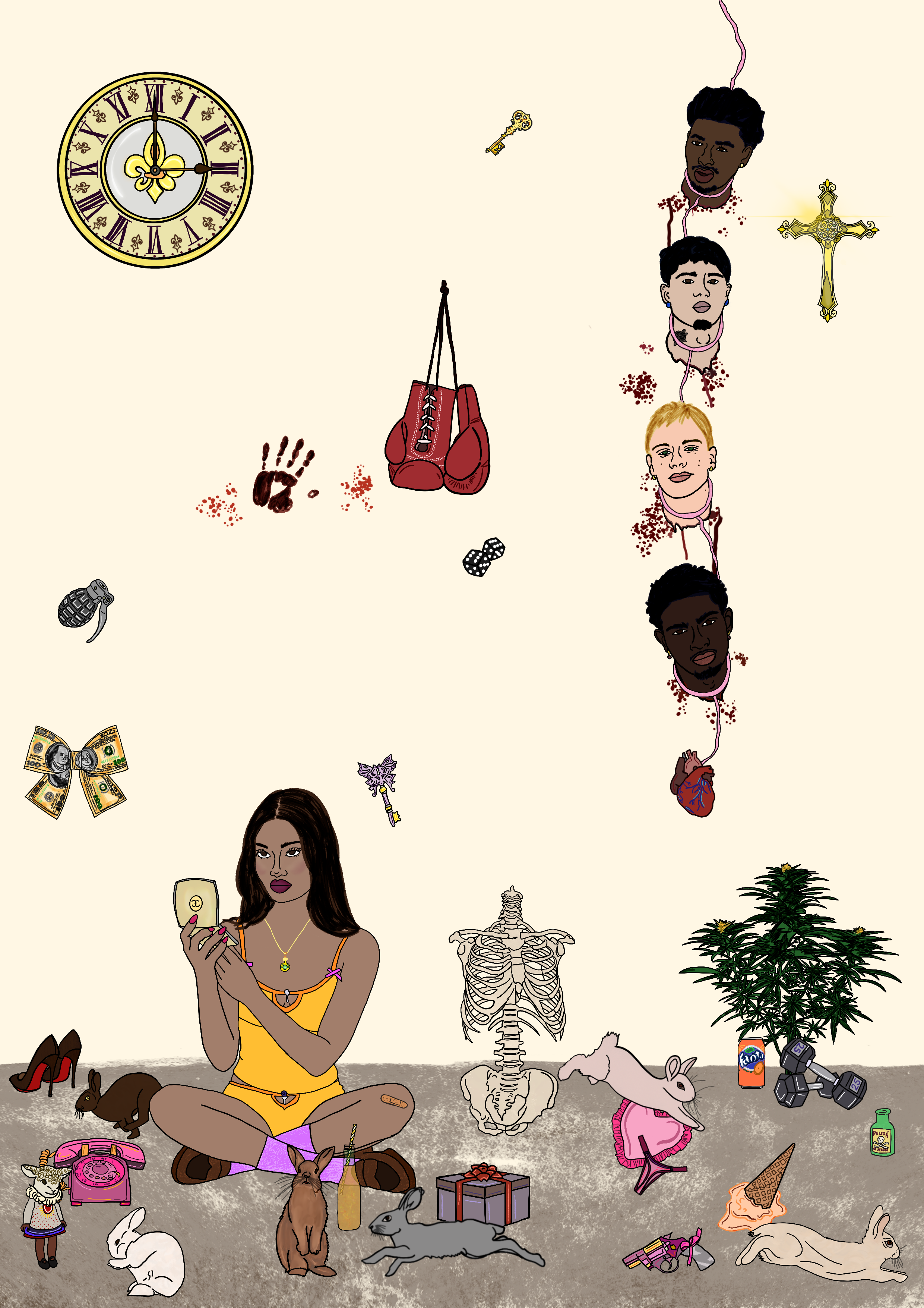 Illustration of a woman meditating surrounded by animals, objects, and various characters, with a large clock, a cross, and a marijuana plant in the background.