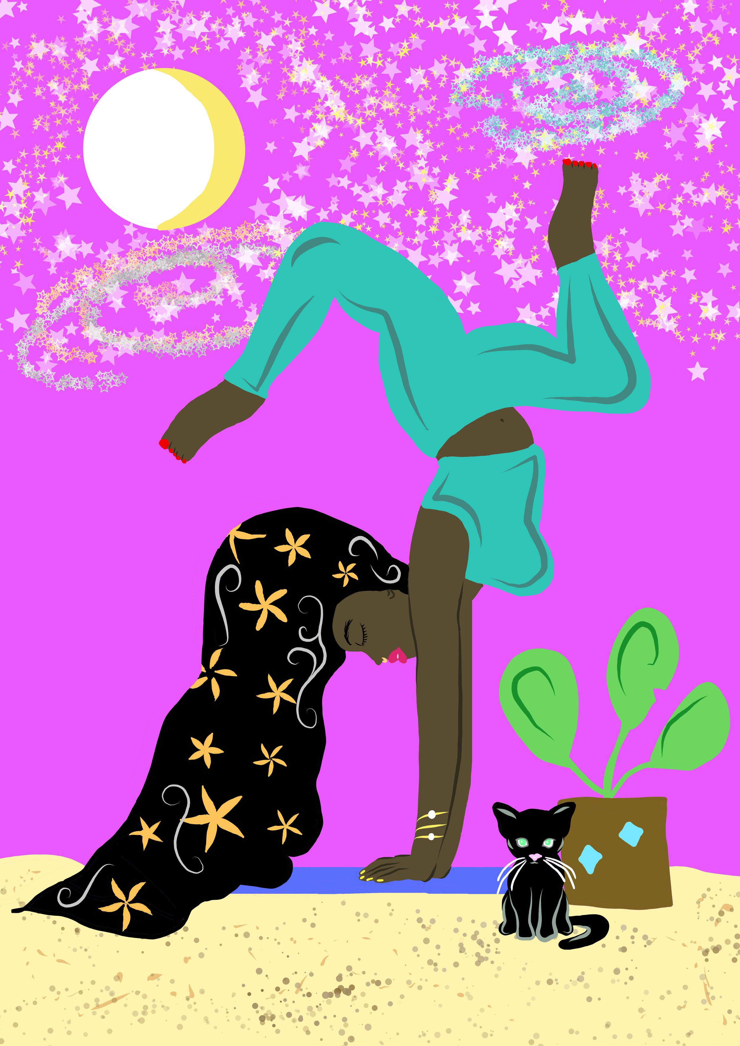 A stylized digital illustration of a woman with dark skin and long black hair tied back, that has floral patterns, performing a headstand on a sandy beach at night. She is surrounded by a black cat with green eyes sitting on the sand, a potted plant 