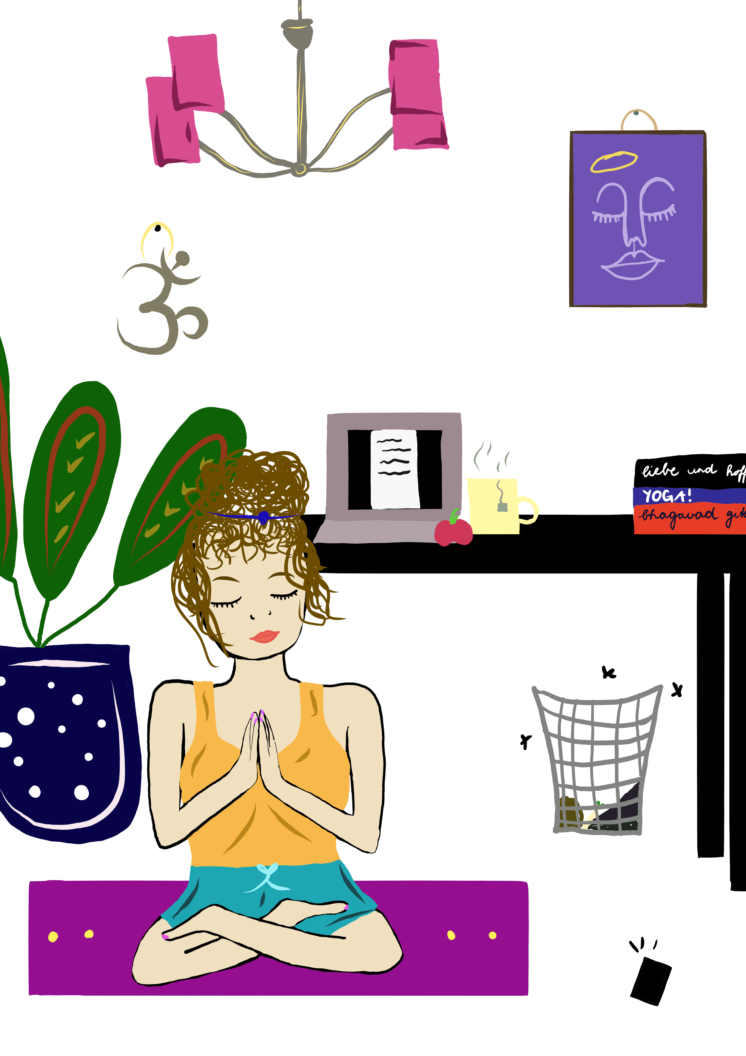 A woman practicing yoga in a meditative pose with her hands together in front of her chest, seated on a purple mat, wearing an orange top and blue shorts. The room features a white wall, houseplants, a laptop, a steaming mug, and various artwork and 