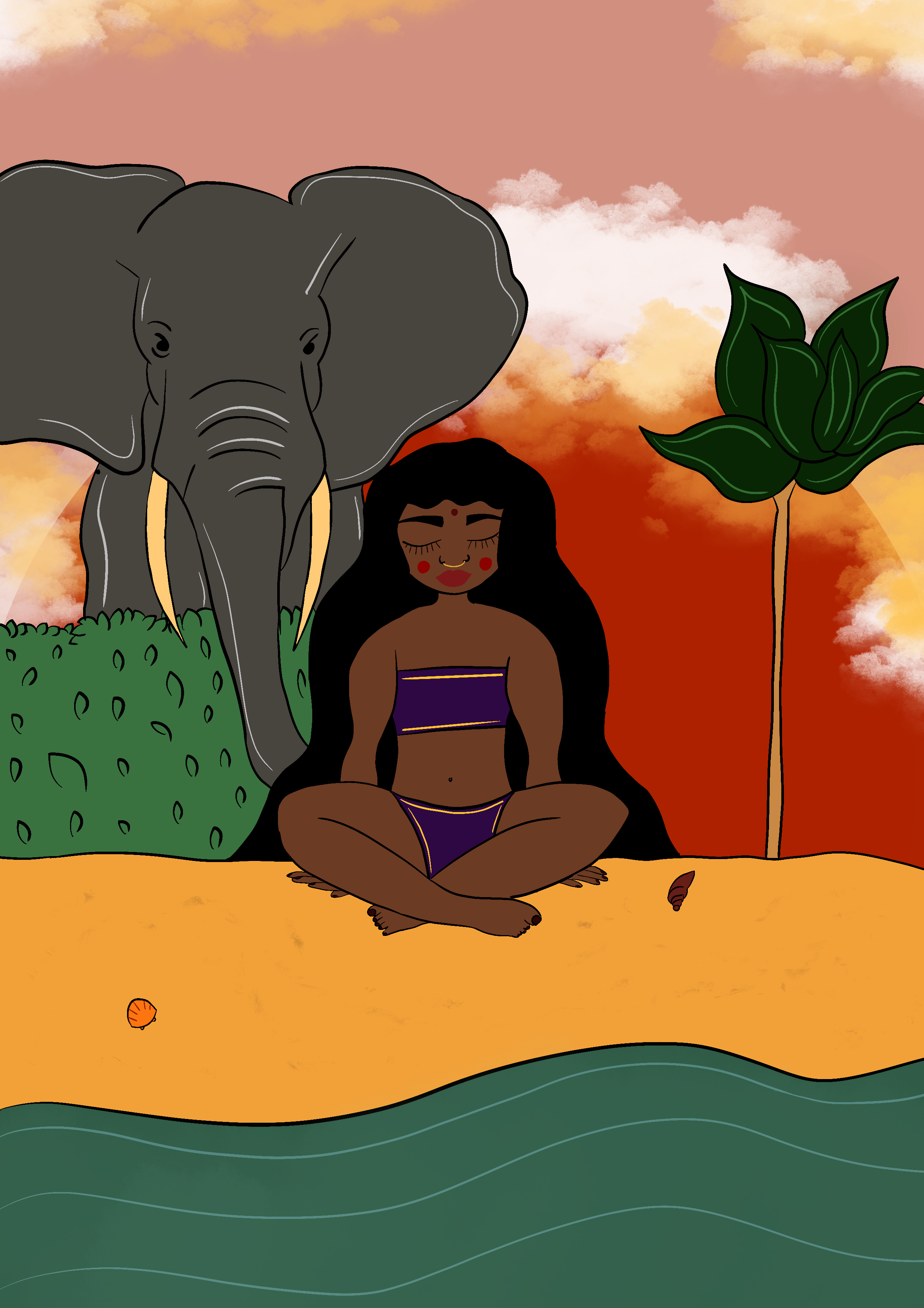 An illustrated woman with closed eyes and a bindi on her forehead sitting cross-legged on the ground in front of an elephant and a large plant, with a colorful sunset sky in the background.