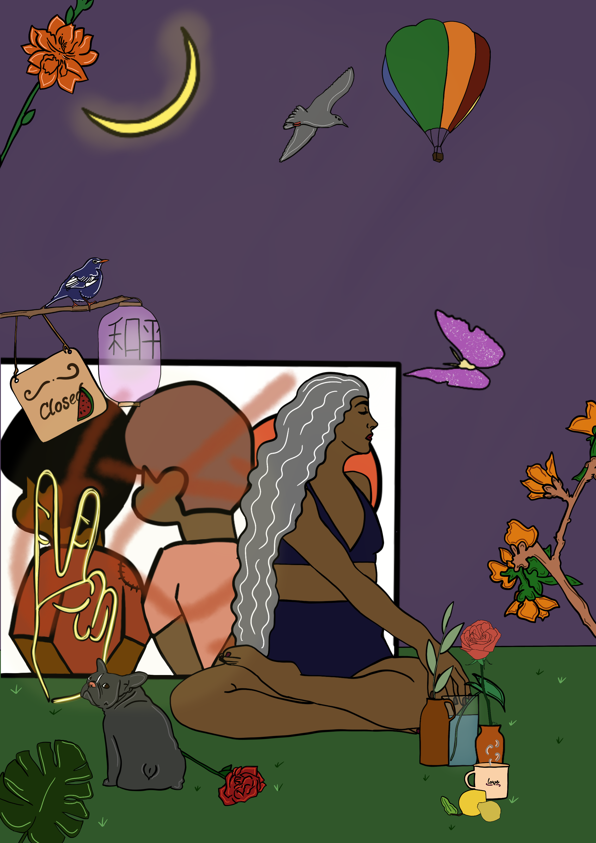 Illustration of a woman with long white hair sitting cross-legged on grass, surrounded by flowers, cats, and various objects, with a background featuring a starry night sky and flying birds.