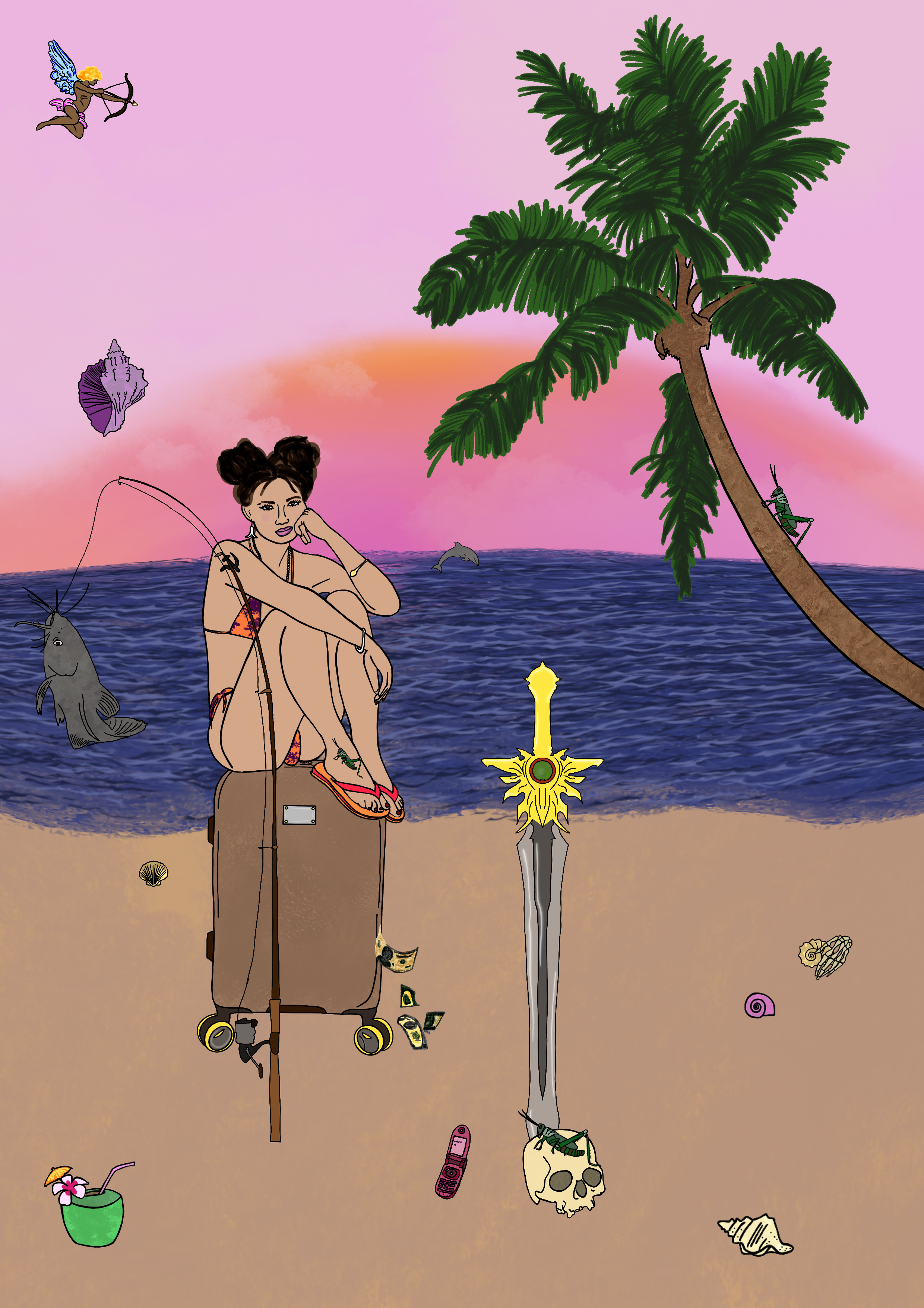 A woman sitting on a skateboard in front of the ocean at sunset, surrounded by tropical elements such as palm trees, fish, seashells, a skull, a cellphone, and various whimsical items, creating a surreal beach scene.