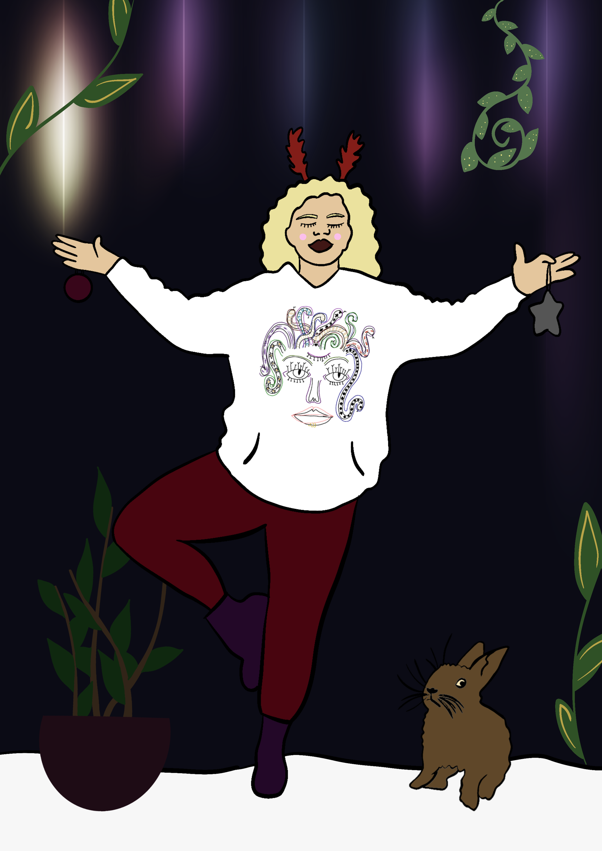 A person with blonde hair, wearing a white shirt with a face illustration and red pants, stands with arms outstretched, holding ornaments, in a dark background with green plants and a brown cat sitting at their feet.