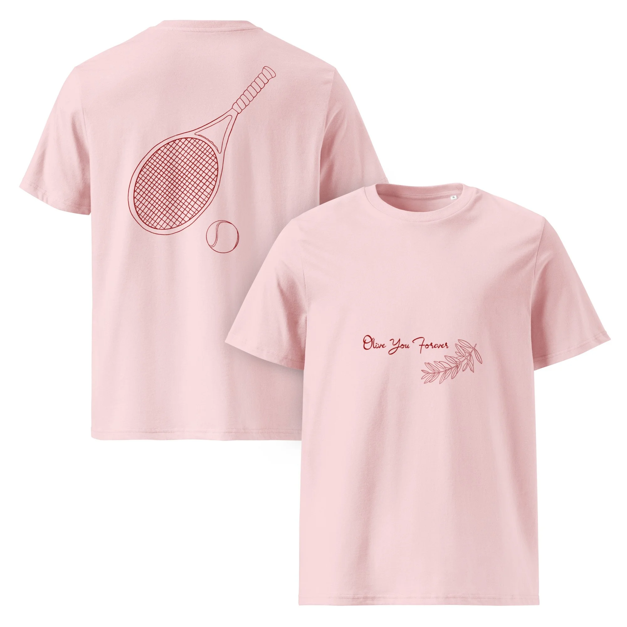 Pink T-shirt with tennis racket and ball illustrations on the back and the phrase 'Olive You Forever' on the front.
