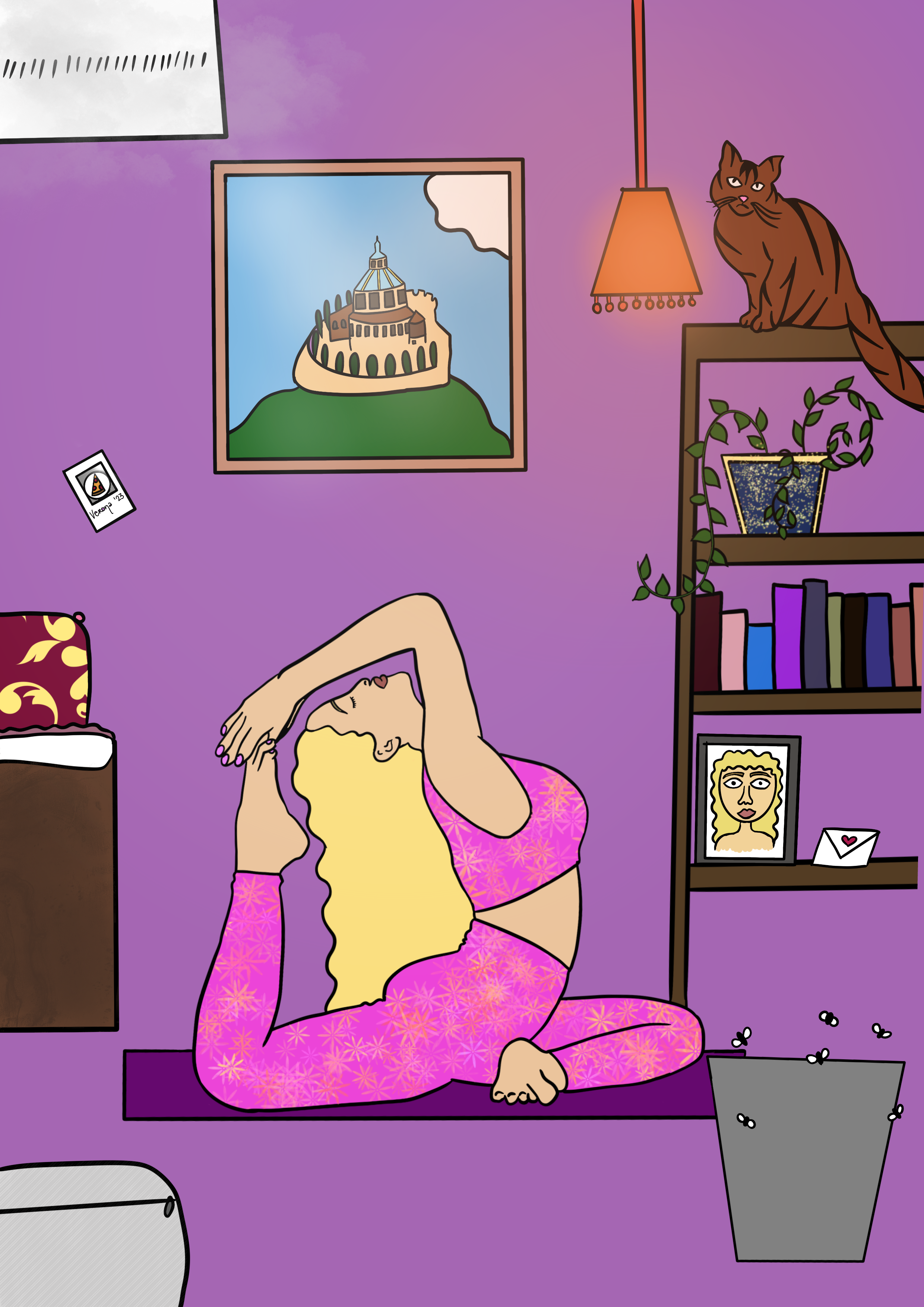 An illustrated woman with long blonde hair in a yellow top and pink patterned pants is practicing yoga in a purple room. She is sitting on a purple mat, stretching her arms overhead. The room has a framed photograph of a castle on a green hill, a boo