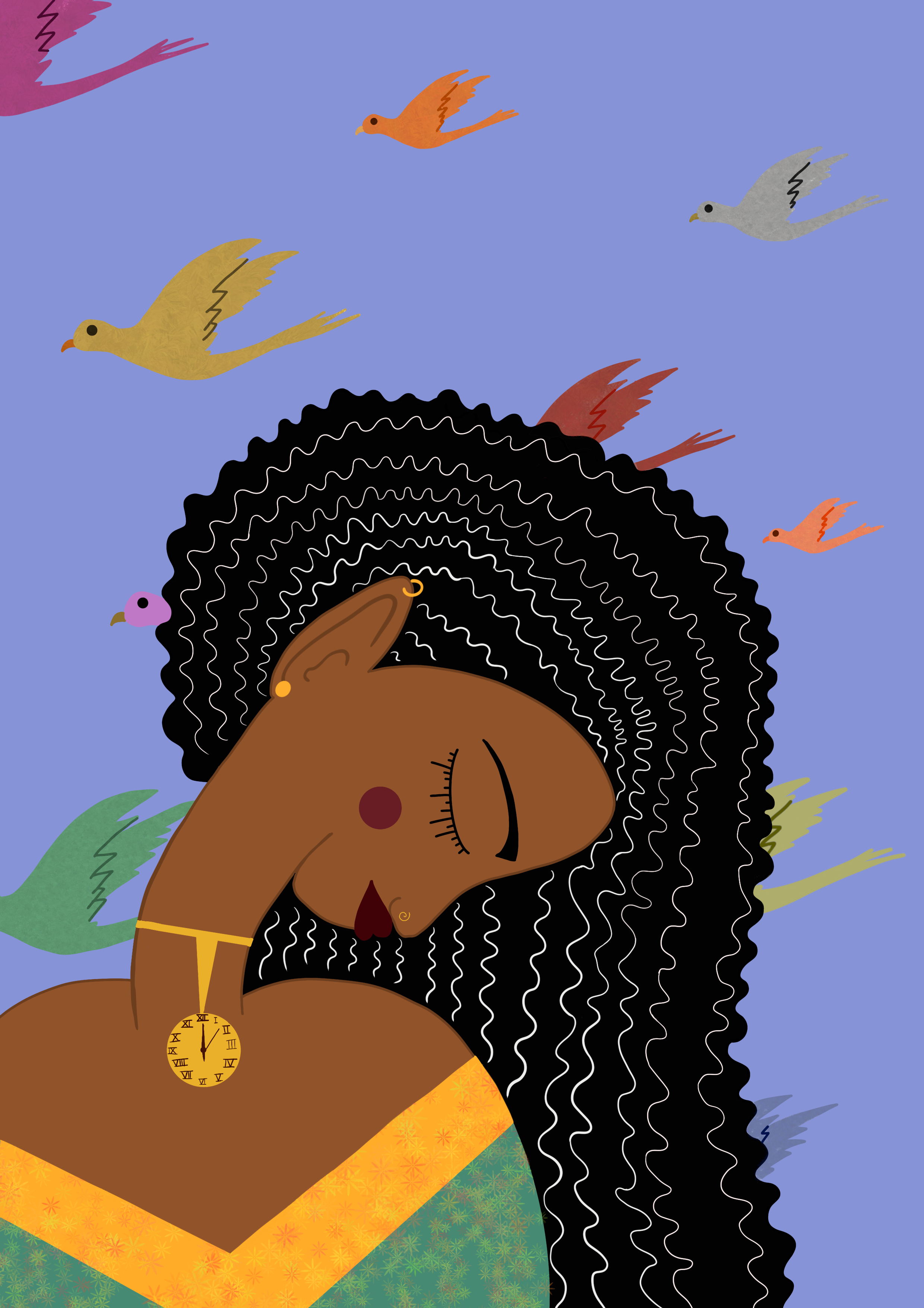 A cartoon illustration of a woman with curly black hair, her eyes closed, wearing traditional clothing with gold jewelry, a clock pendant on her necklace, and surrounded by colorful birds flying around her on a blue background.