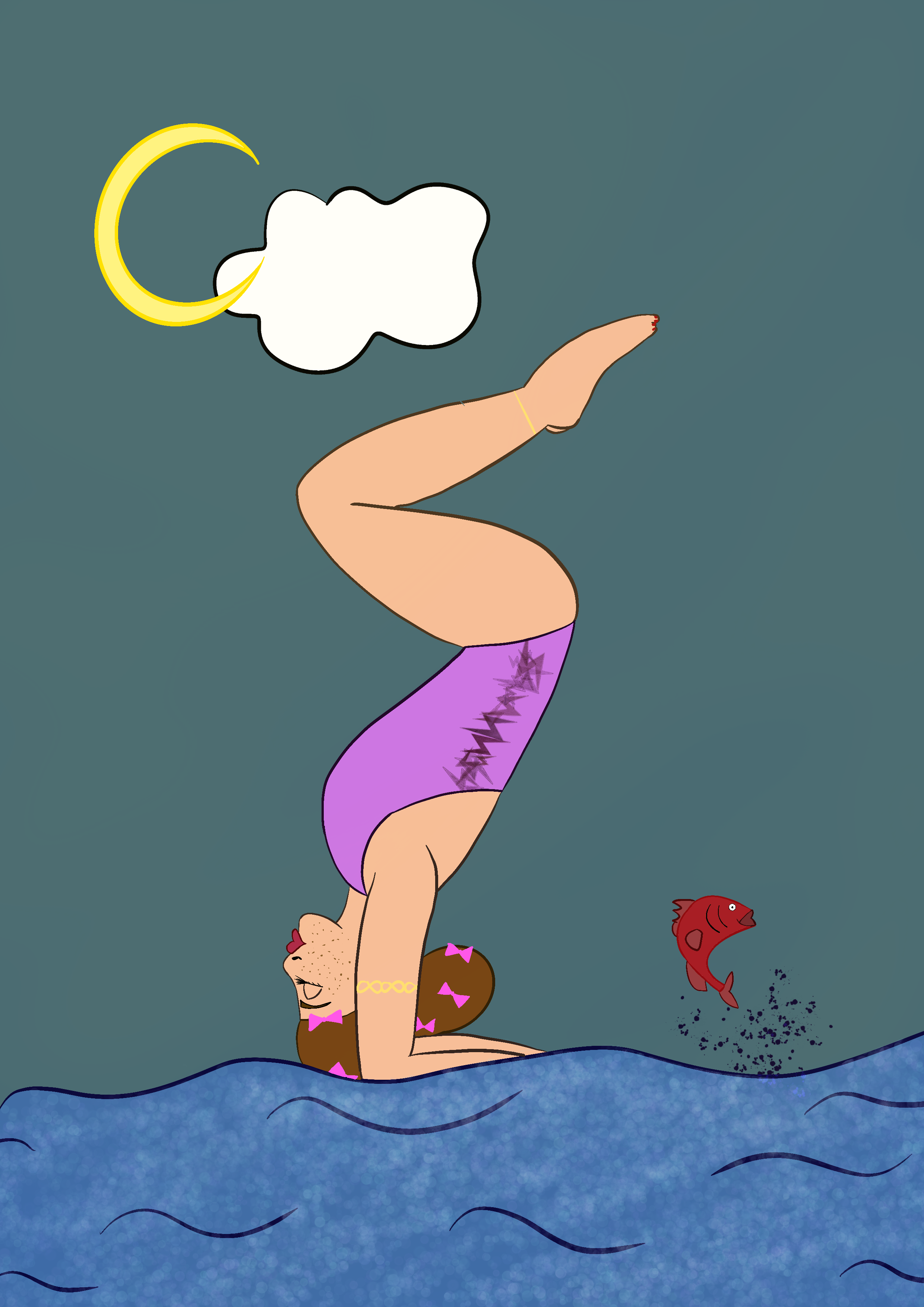 A girl is doing a handstand on a surfboard in the water during nighttime, with a crescent moon and a cloud in the sky. A red fish jumps out of the water nearby.