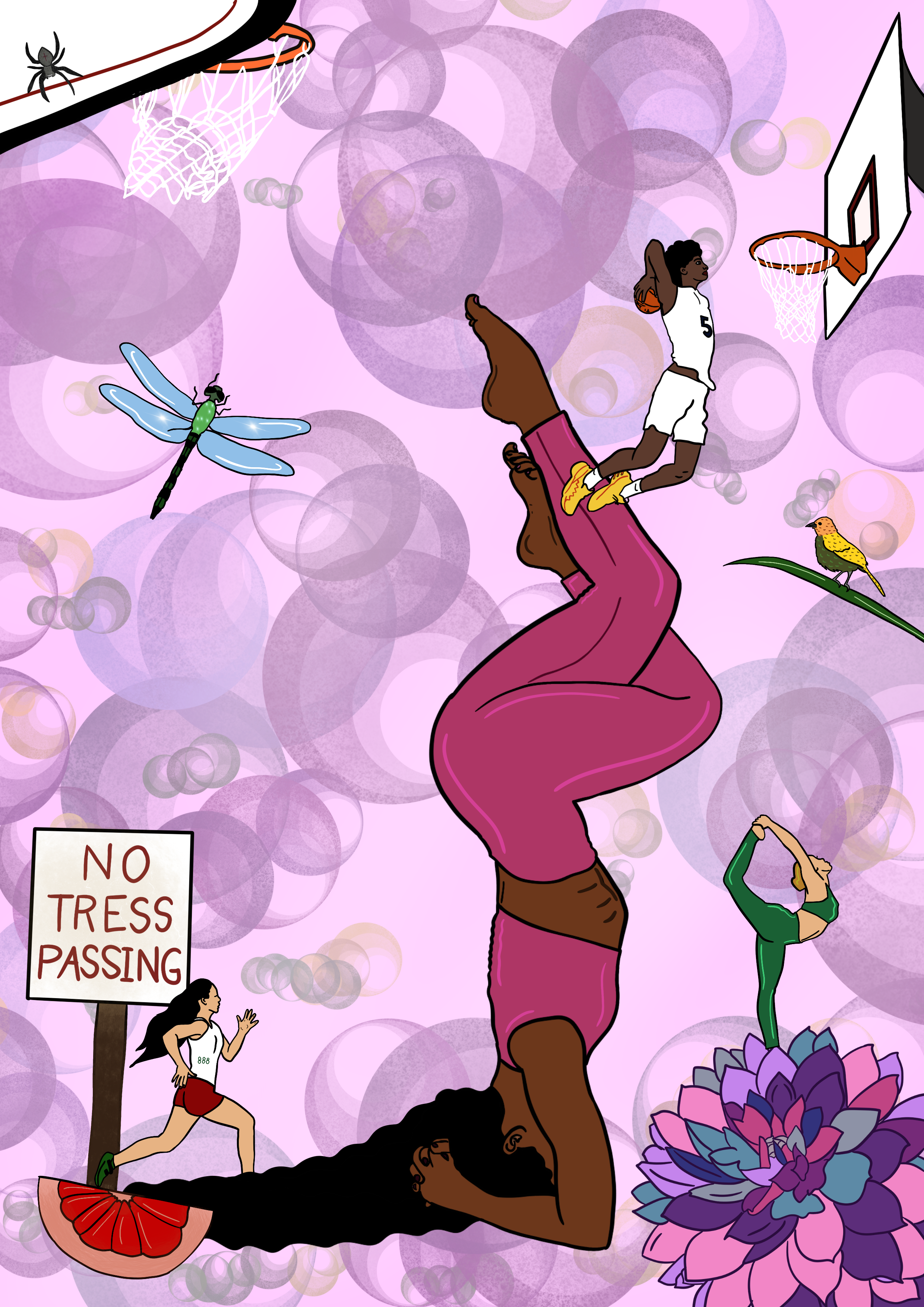 Illustration of a woman doing a handstand with a basketball, other women in various yoga poses, giant flowers, insects like a dragonfly and a spider, a sign that reads 'No Tress Passing,' and a background of pink and purple circles.