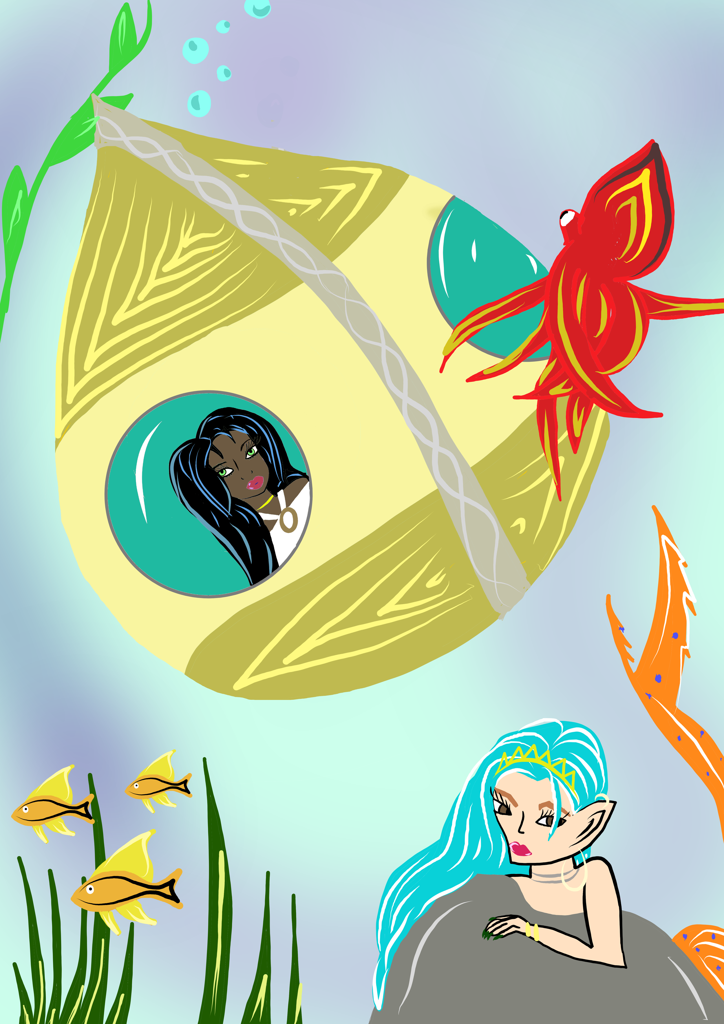 An underwater scene with various fantasy creatures and characters, including a girl with blue hair and elf-like ears, colorful fish, an octopus, and a young woman with long black hair and green eyes inside a submarine or underwater vessel.