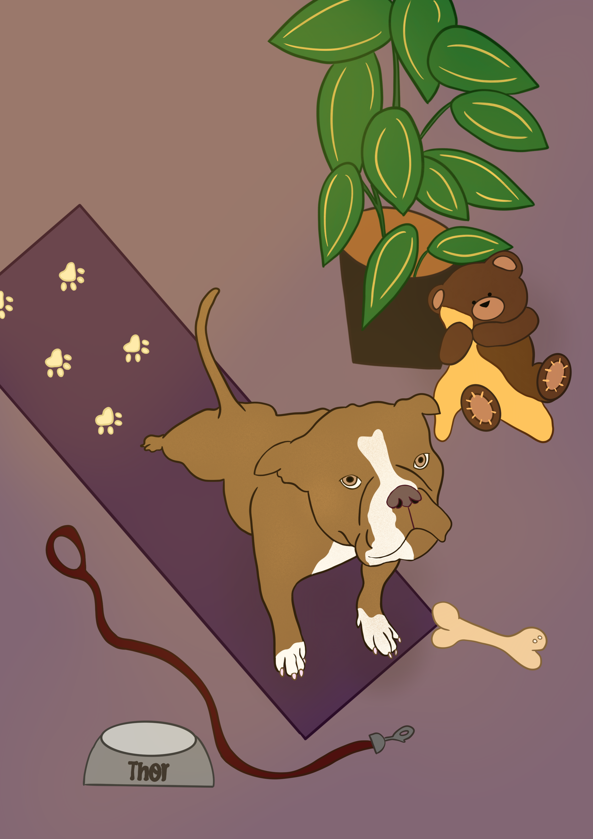 A cartoon illustration of a dog lying on a purple blanket with a green potted plant above it. The dog has a bone near its paws, and a dog bowl labeled "Thor" is nearby. There is a leash at the bottom left corner of the image.