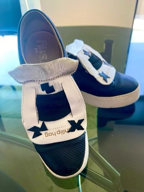 How wonderful to see previous participant @kattbrownposts Swedish @philiphog sneakers continue their transformation in the hands of Iwona, a participant at our recent @melbfashionfestival #thisisnotashoe workshop. How lovely to think that the same pa