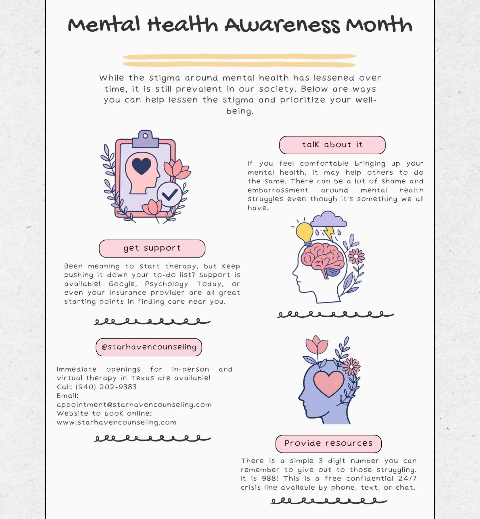 MAY is #mentalhealthawarenessmonth !! Please know help is available and you are not alone in this. Your mental health is just as important as your physical health. Need an immediate appointment? Book now at: www.starhavencounseling.com