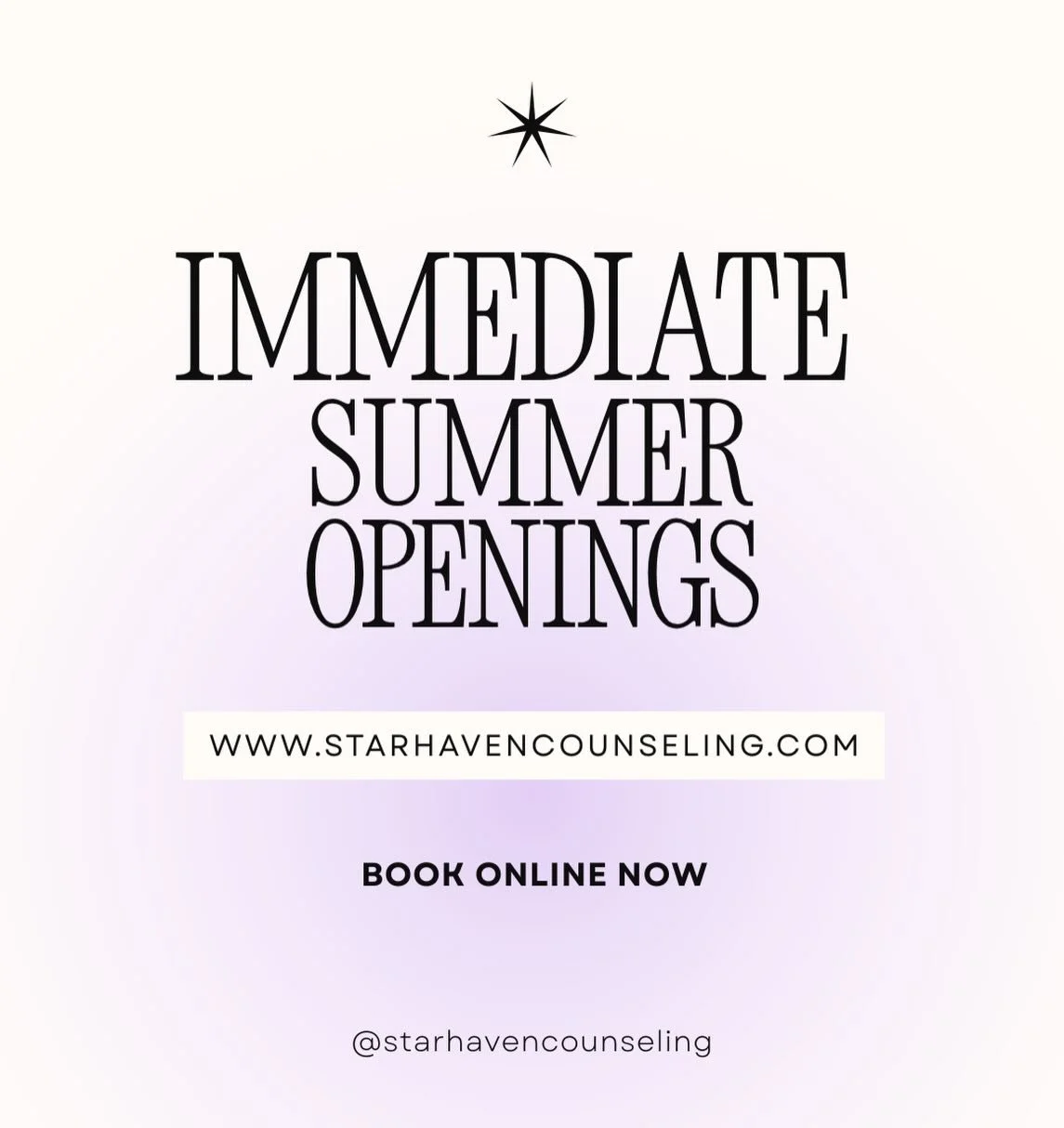 Star Haven Counseling has immediate openings to meet your busy schedule! Link in bio to book now.