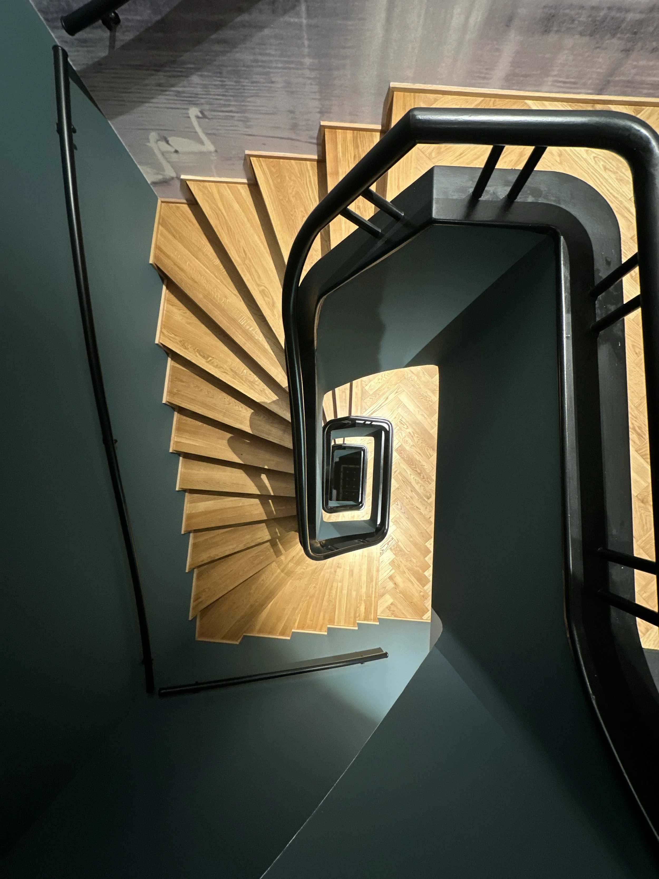 Eine Treppe aus Holz mit schwarzen Geländern, fotografiert symmetrisch von oben nach unten.