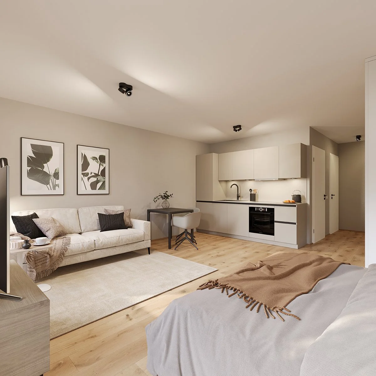 Offene Wohnküche mit Sofa, Teppich und Wandbilder, modernes, minimalistisches Design, helle Farben, Holzfußboden.