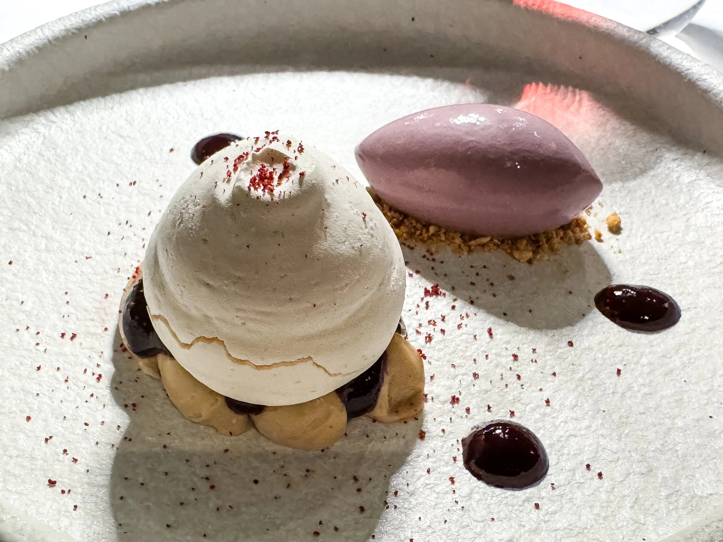Ein Tortenstück mit Schlagsahne, rotem Beerenpulver, Blaubeeren und einer schwarzen Soße auf einer weißen Oberfläche.
