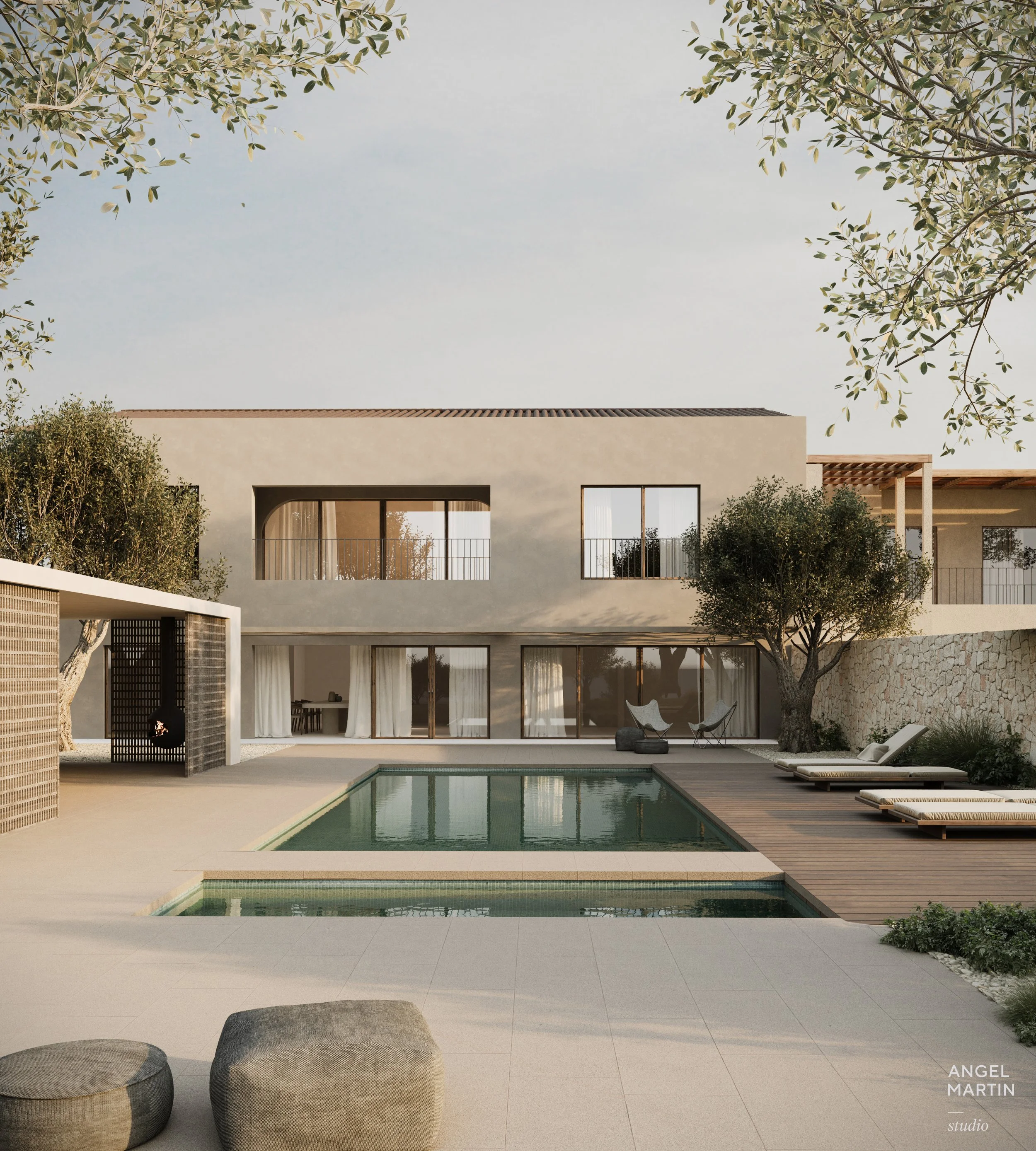 Moderne Villa mit Pool und Garten im minimalistischen Design, umgeben von Bäumen, bei Sonnenuntergang, im Stil von Angel Martin Studio.