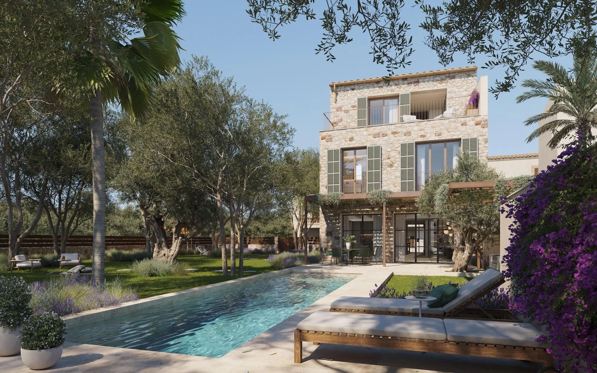 Ein moderner Garten mit Swimmingpool, Sonnenliegen, Bäumen und einem zweistöckigen Haus mit Steinfassade und Balkon in mediterranem Stil.