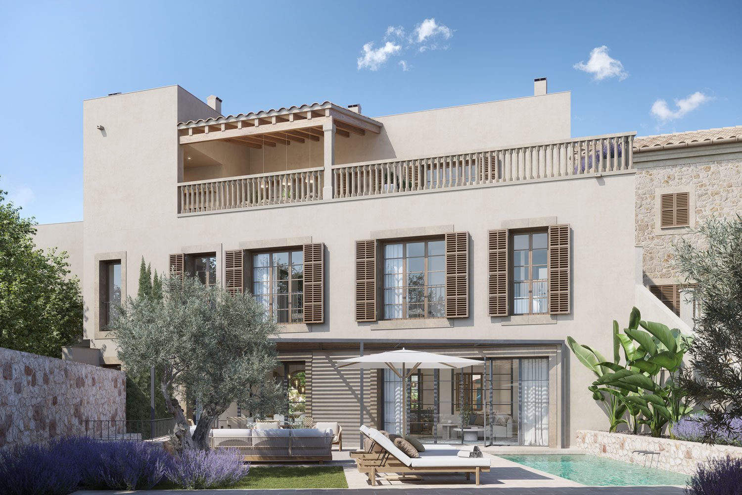 Moderner, mehrstöckiger Haus mit Terrasse, Pool und Garten, sonniger Himmel