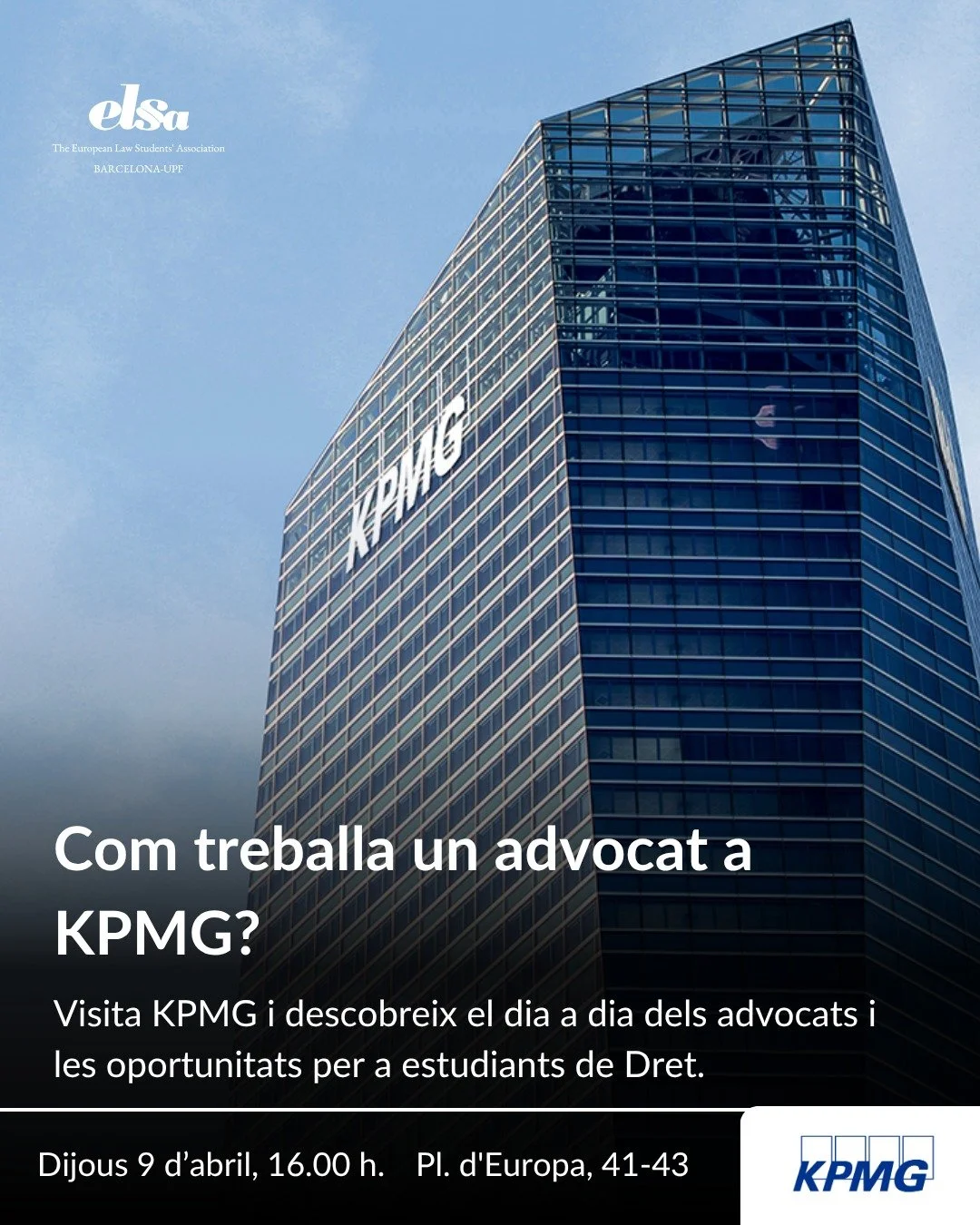 🔹 Com treballa un advocat a KPMG? 🔹

⚖️ Encara hi ets a temps d&rsquo;apuntar-te! Si vols entendre com &eacute;s exercir l&rsquo;advocacia dins d&rsquo;una Big Four, aquesta &eacute;s una oportunitat molt bona per veure-ho des de dins.

🎙 Visitare