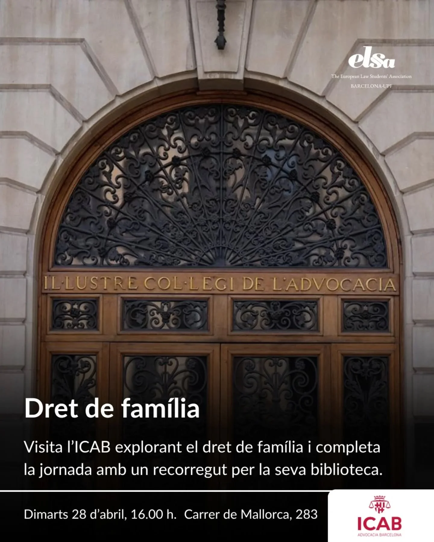 🔹 ICAB: Dret de fam&iacute;lia i visita a la biblioteca🔹

⚖️ T&rsquo;agradaria endinsar-te en una de les institucions jur&iacute;diques m&eacute;s emblem&agrave;tiques de Barcelona? Vols descobrir com es treballa el dret de fam&iacute;lia en un ent