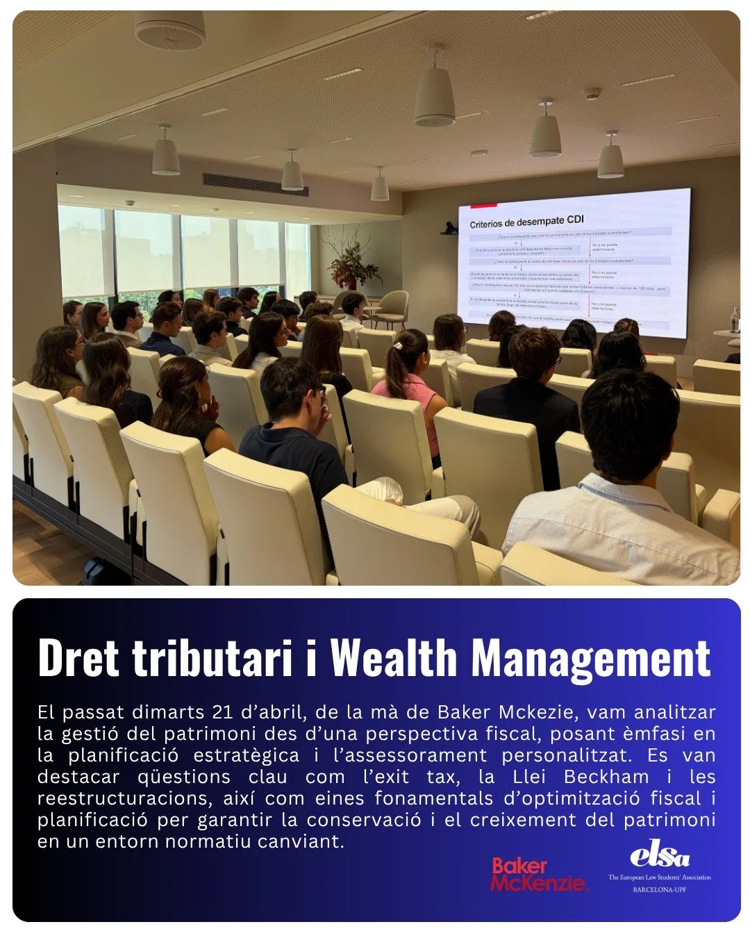 💡El passat dimarts 21 d&rsquo;abril, de la m&agrave; de Baker Mckezie, vam analitzar la gesti&oacute; del patrimoni des d&rsquo;una perspectiva fiscal, posant &egrave;mfasi en la planificaci&oacute; estrat&egrave;gica i l&rsquo;assessorament persona