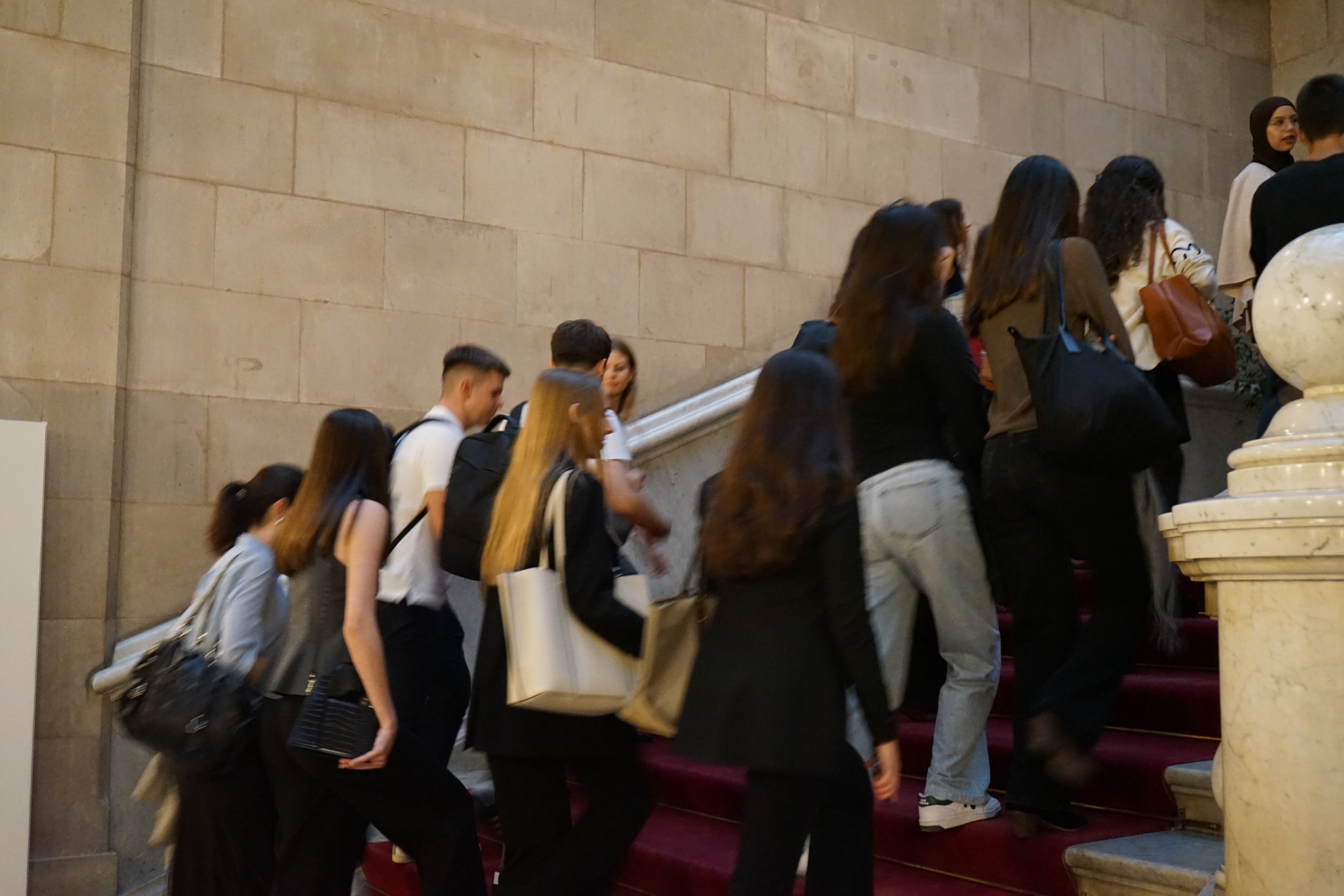 Varias personas subiendo una escalera en un interior con paredes de piedra.