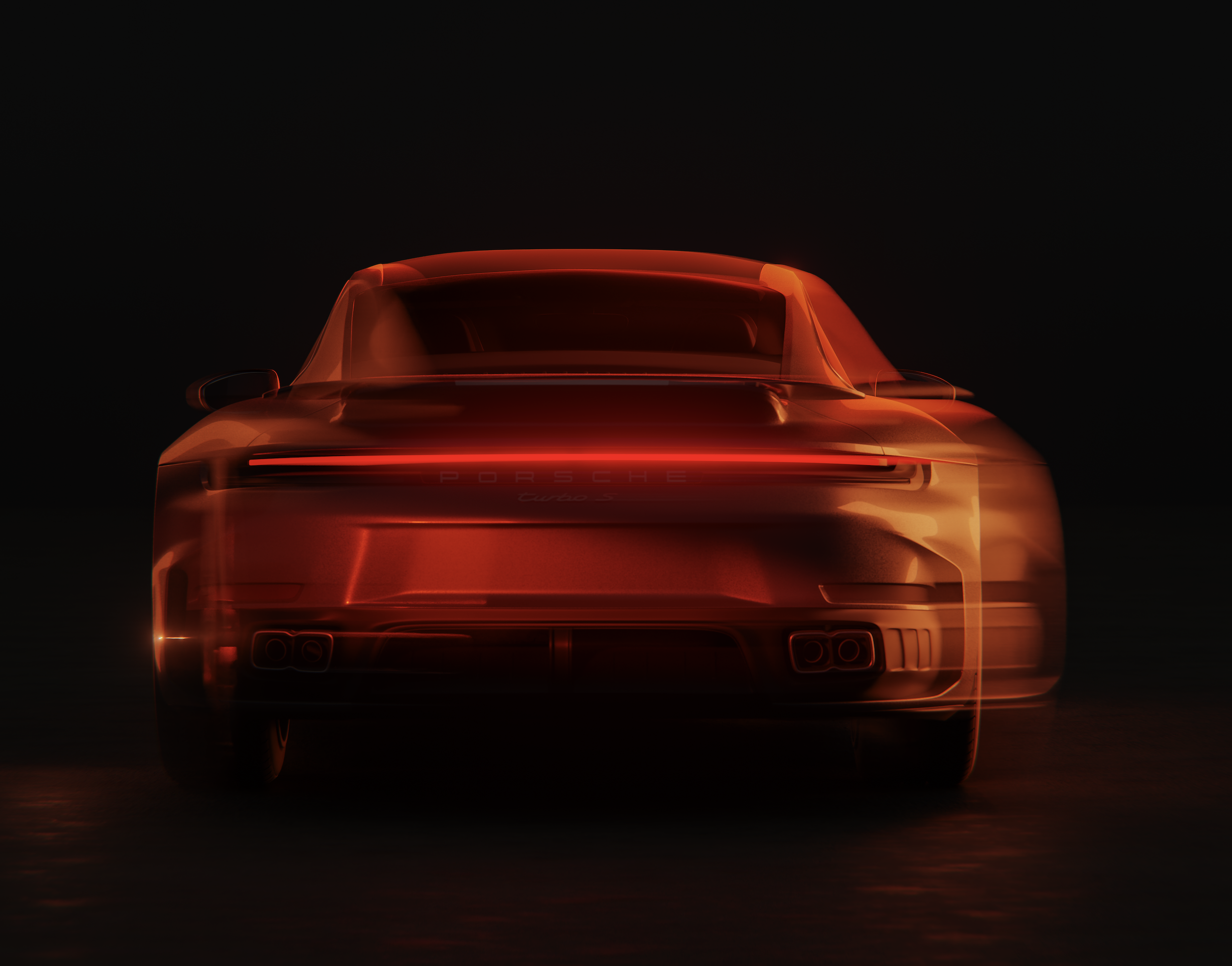 Rear view of a red Porsche sports car illuminated with sleek lights in a dark setting.