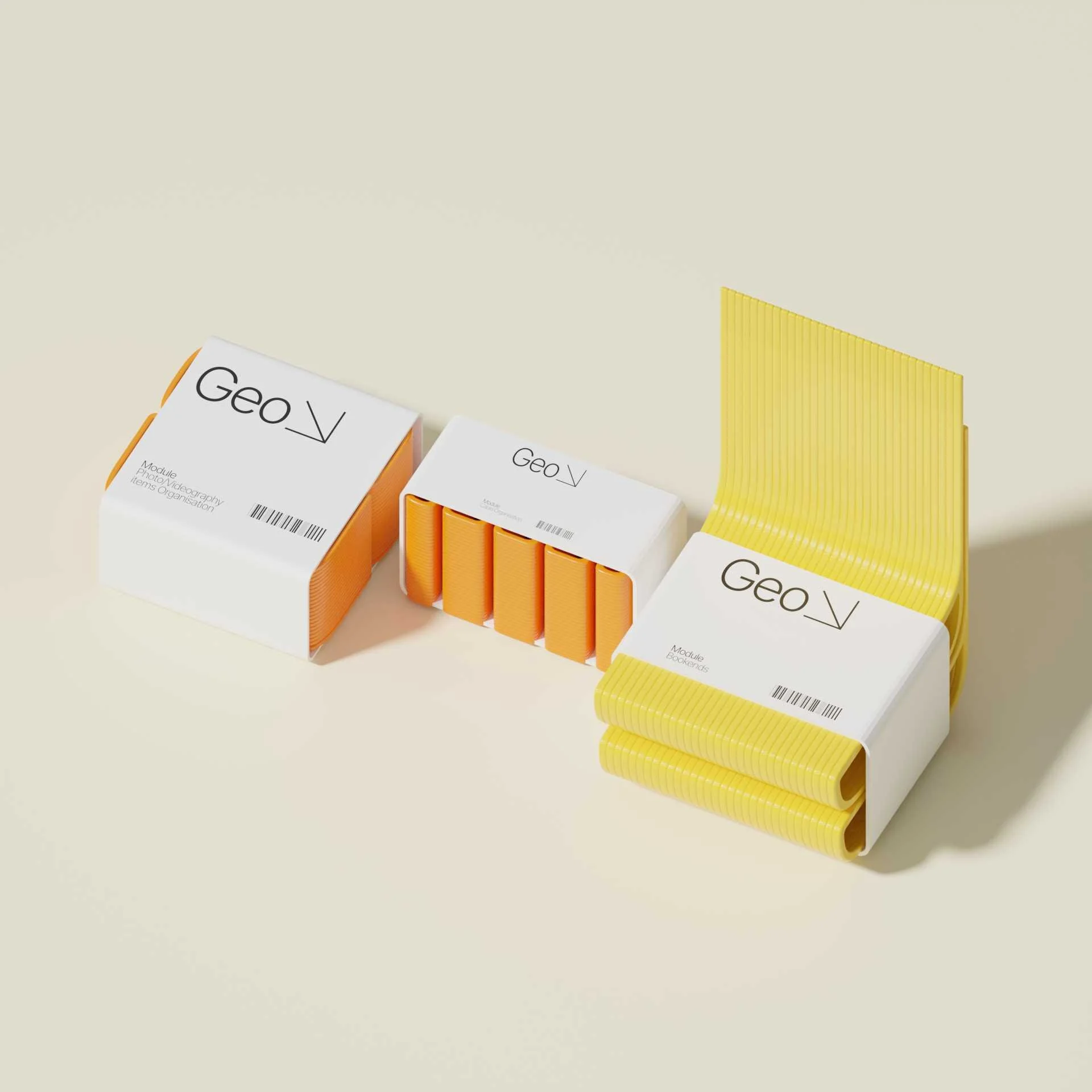 Stacked boxes of modules and bookends in yellow, orange, and white colors labeled 'Geo' with minimalist design on a light background.