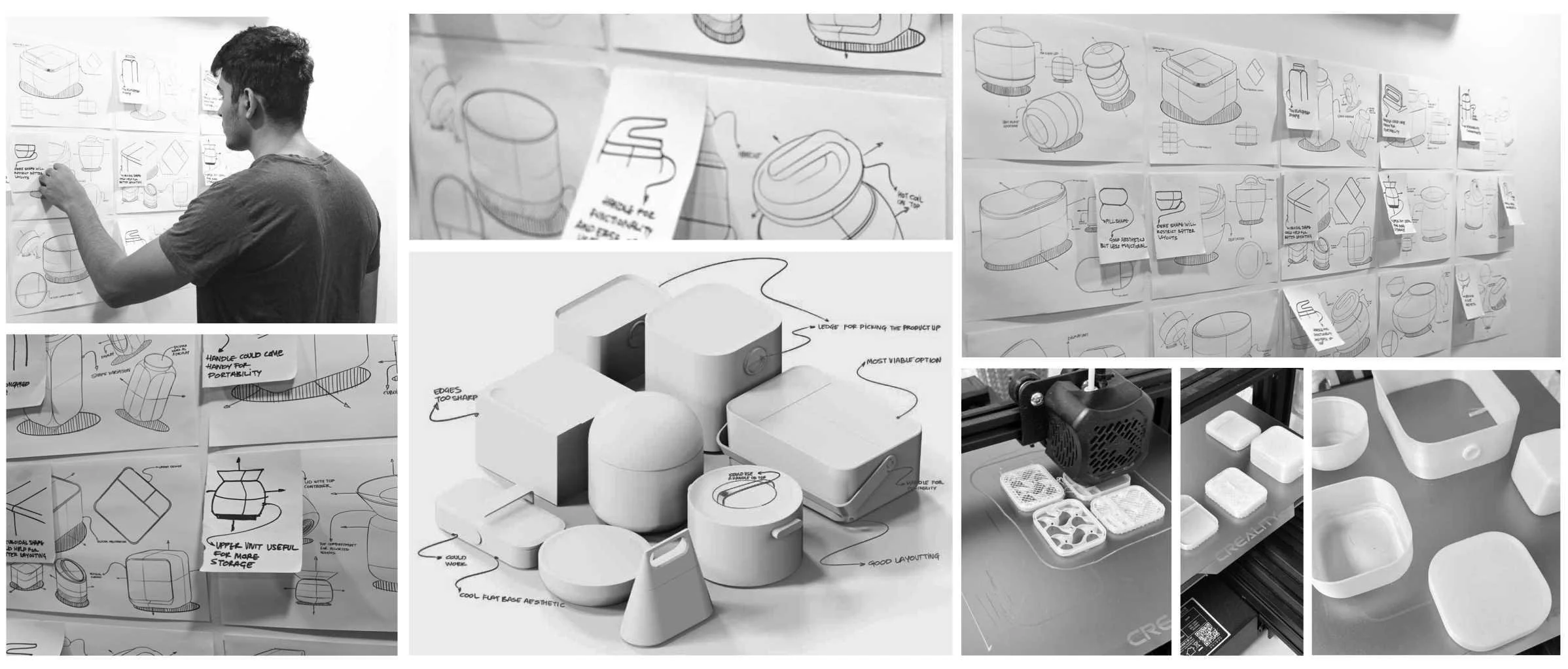A person working on designing a set of modern, minimalistic plastic containers and lids, with sketches and 3D models on the wall and table, including a small 3D printer creating prototypes.