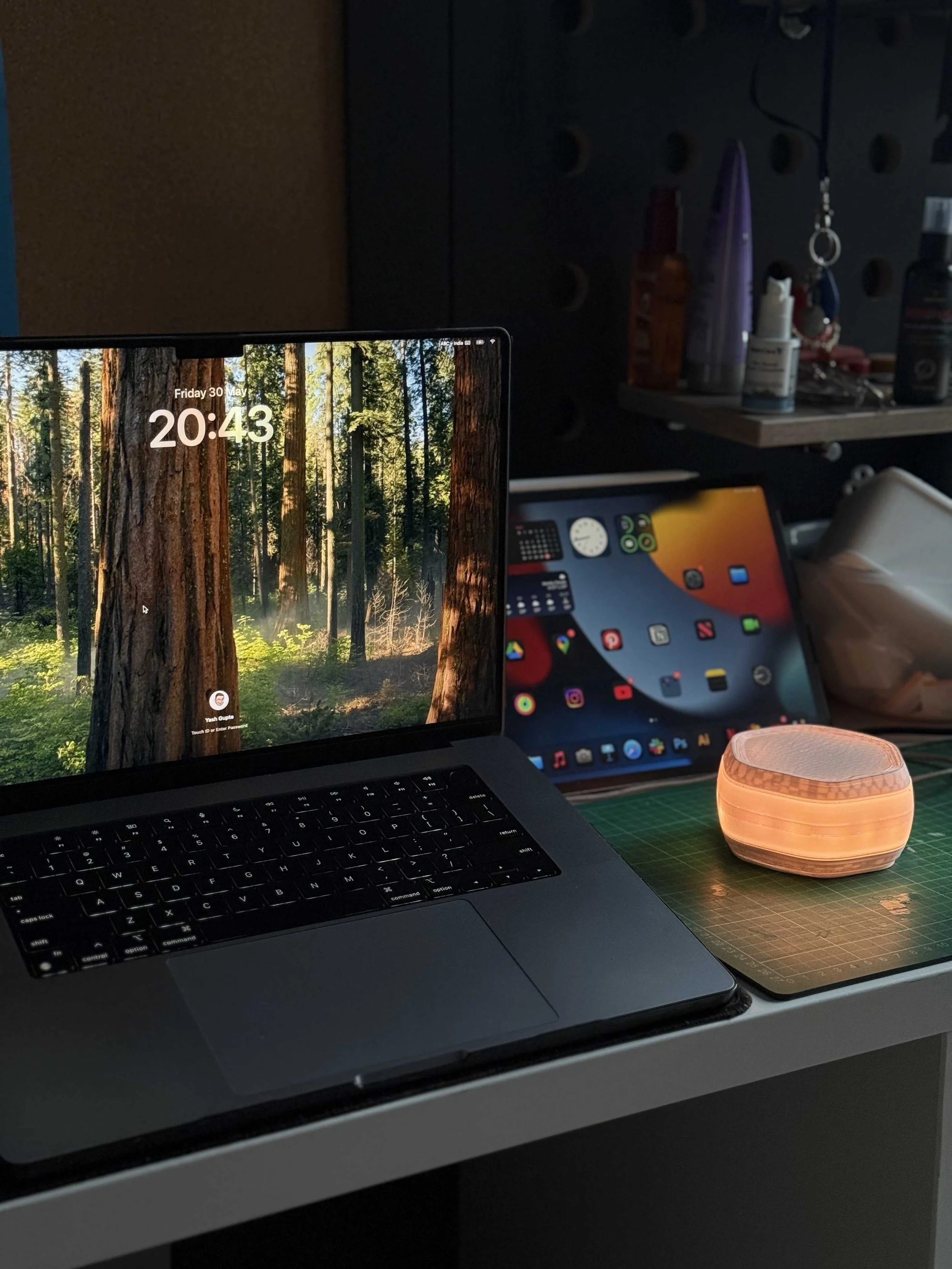 Work desk with a laptop displaying a forest wallpaper, a tablet with app icons, a tissue box, a small glowing speaker, and various items on a shelf in the background.