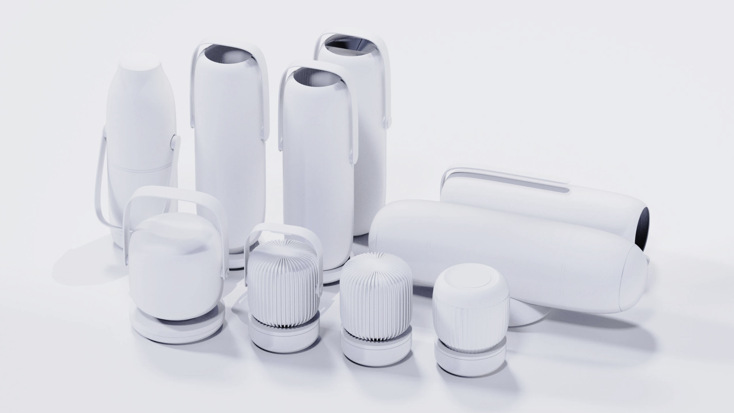 Collection of modern white electronic devices and accessories on a white background, including a kettle, air purifiers, and cylindrical gadgets.