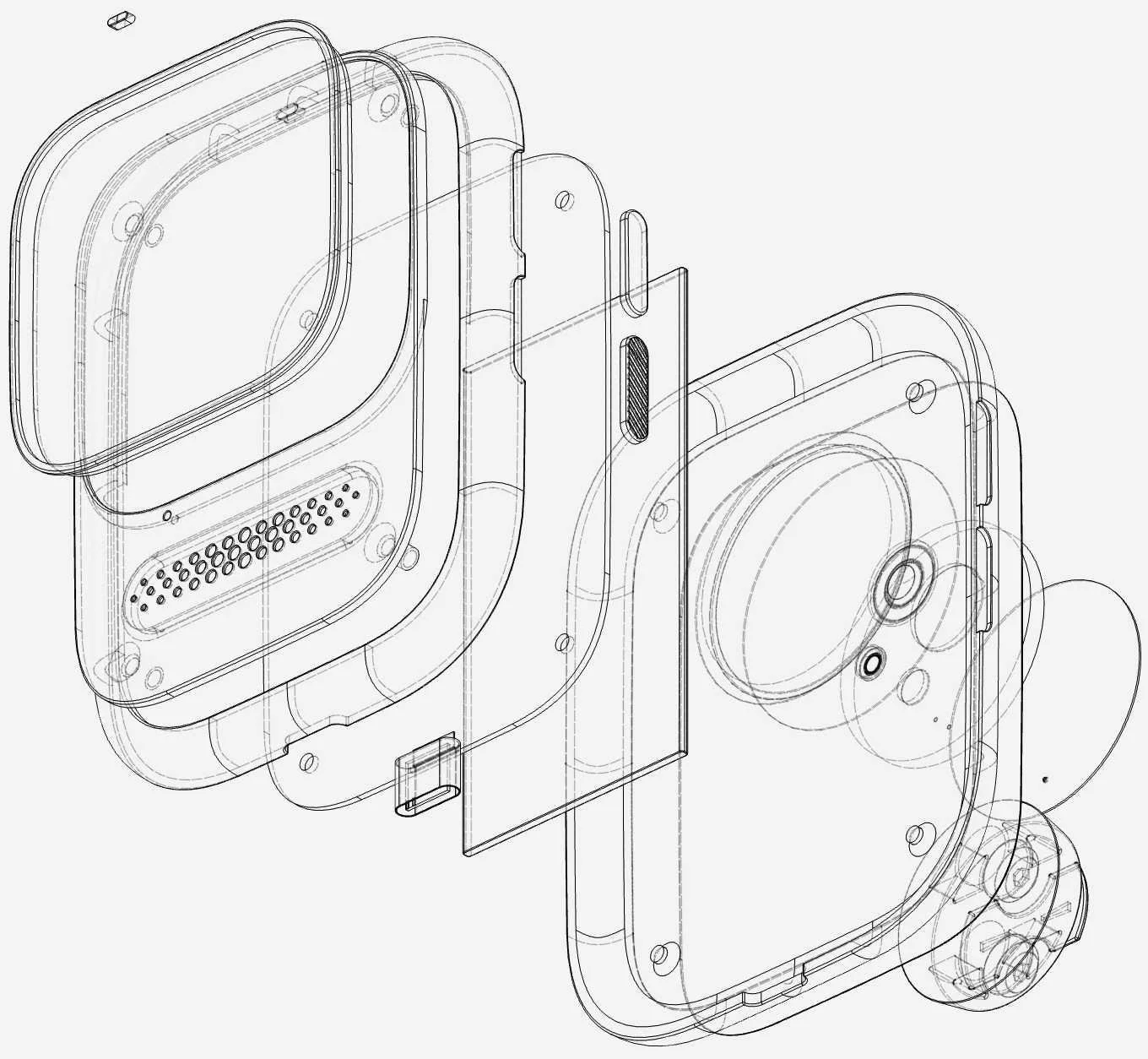 An exploded view of a smart watch with detailed internal components, including the screen, sensors, and internal circuitry visible in a technical illustration.