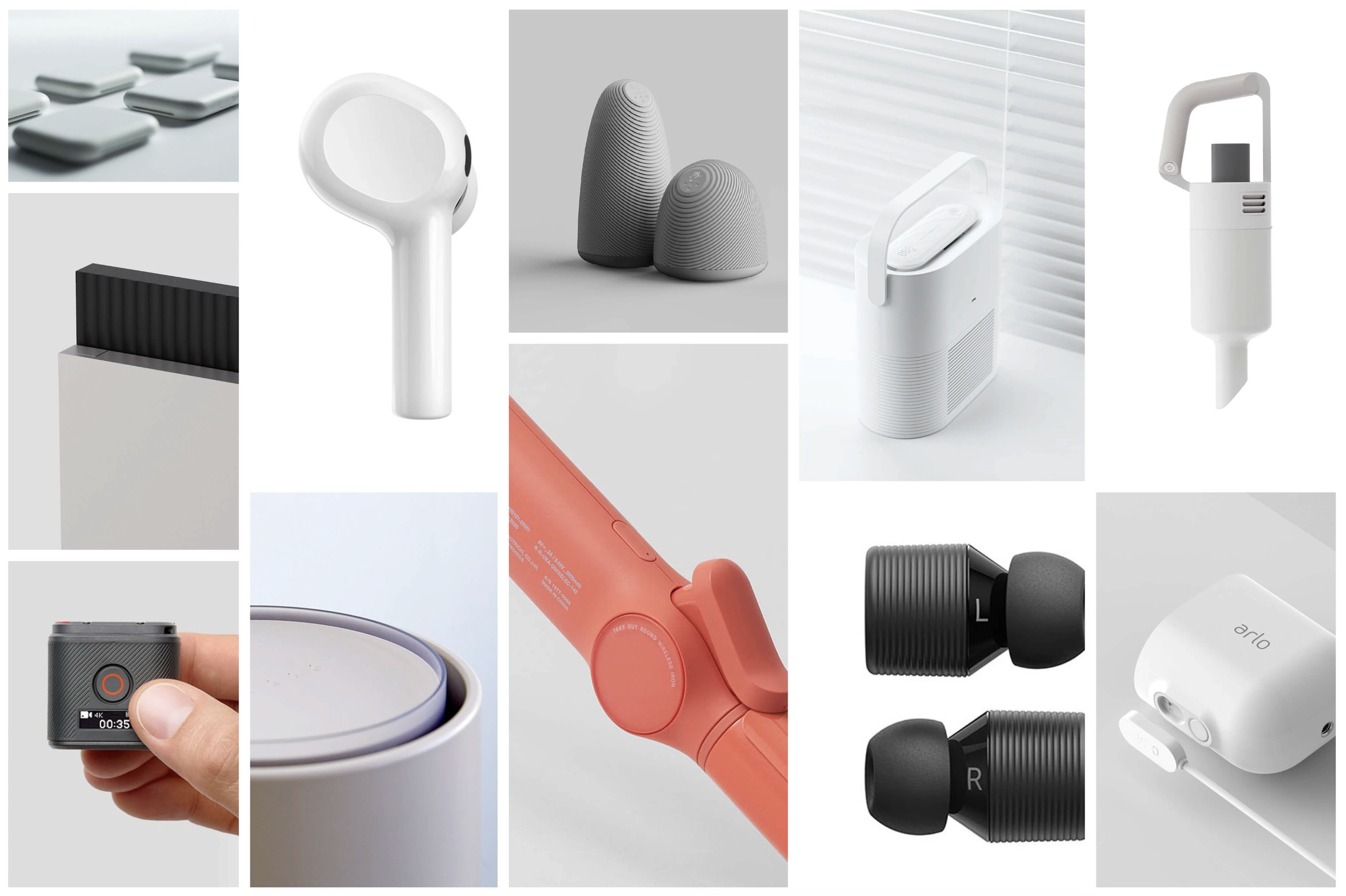 Collection of modern technology gadgets, including wireless earbuds, a speaker, a white handheld device, a red portable speaker, and various electronic accessories.