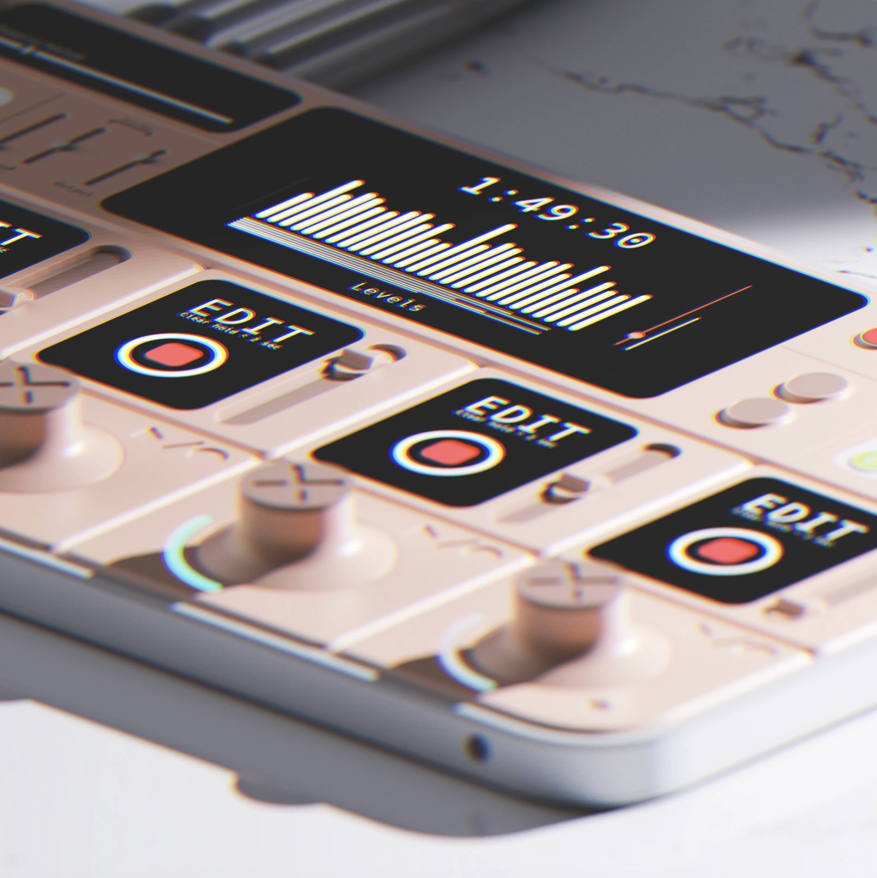 Close-up photo of a mobile music mixer app interface with level meters, edit buttons, and control knobs.