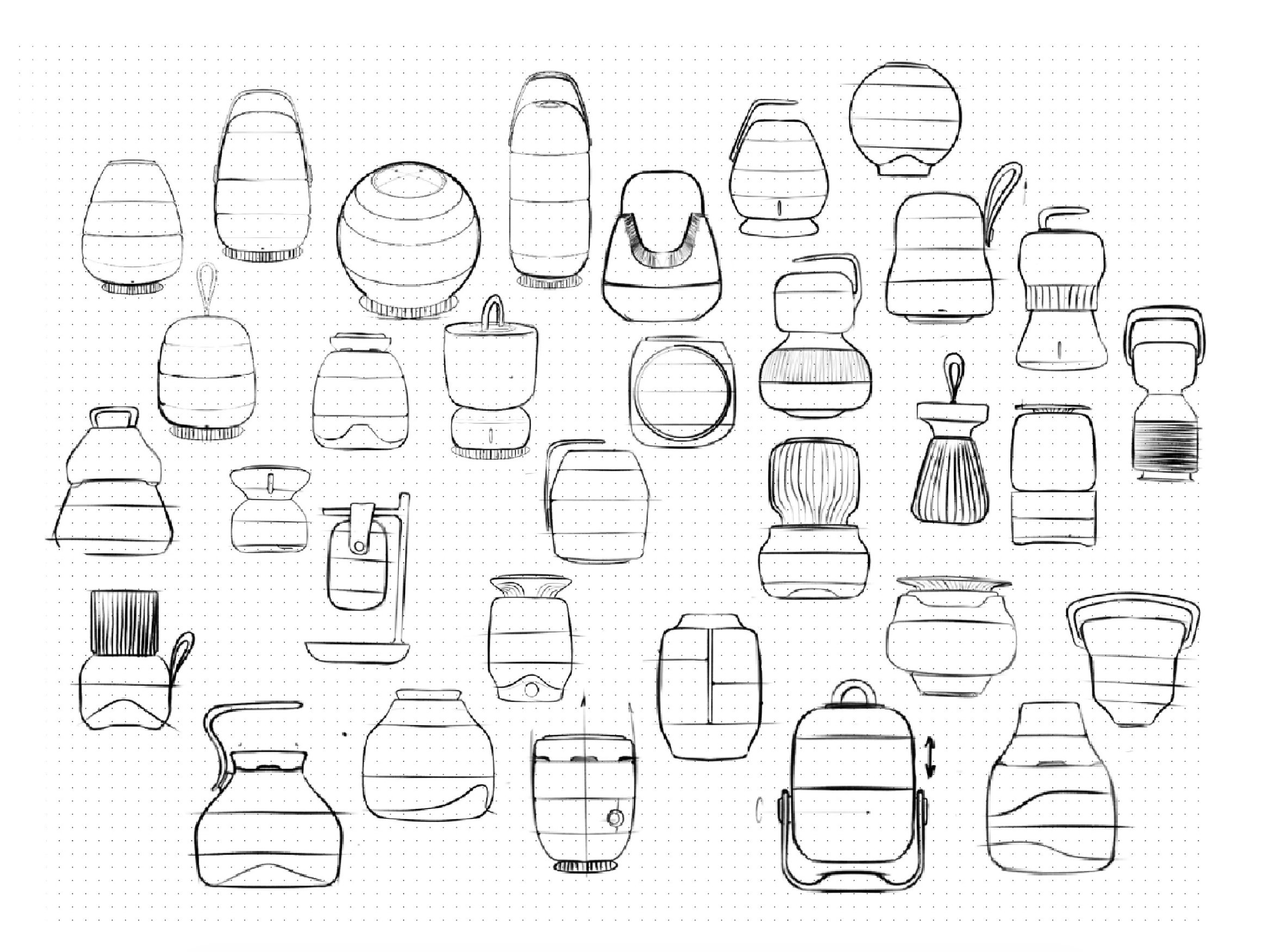 Collection of various spray bottles, dispensers, and containers in a hand-drawn sketch.