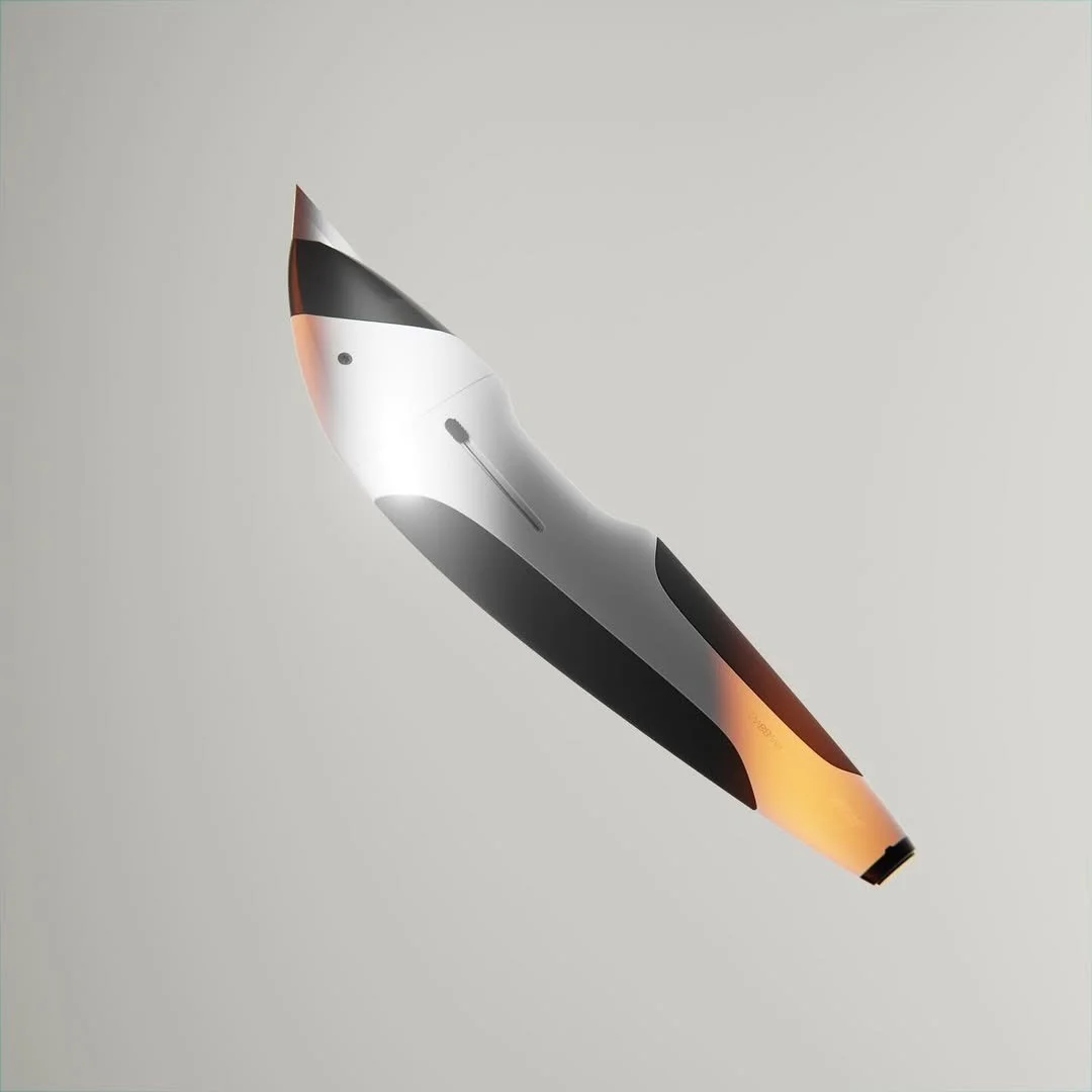 A white and blackantelope-shaped high-tech device with orange glow emitting from one end, set against a plain light background.
