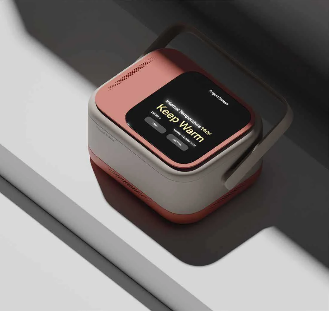 A digital health device with a square screen and rounded edges displays a warning message in yellow text about internal temperature.