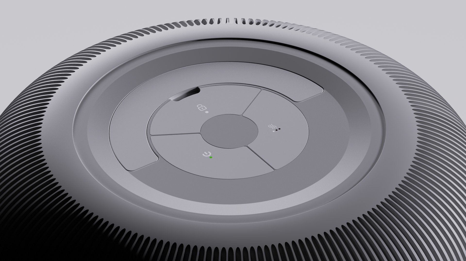A close-up view of the top of a circular smart home device with control buttons and indicator lights.