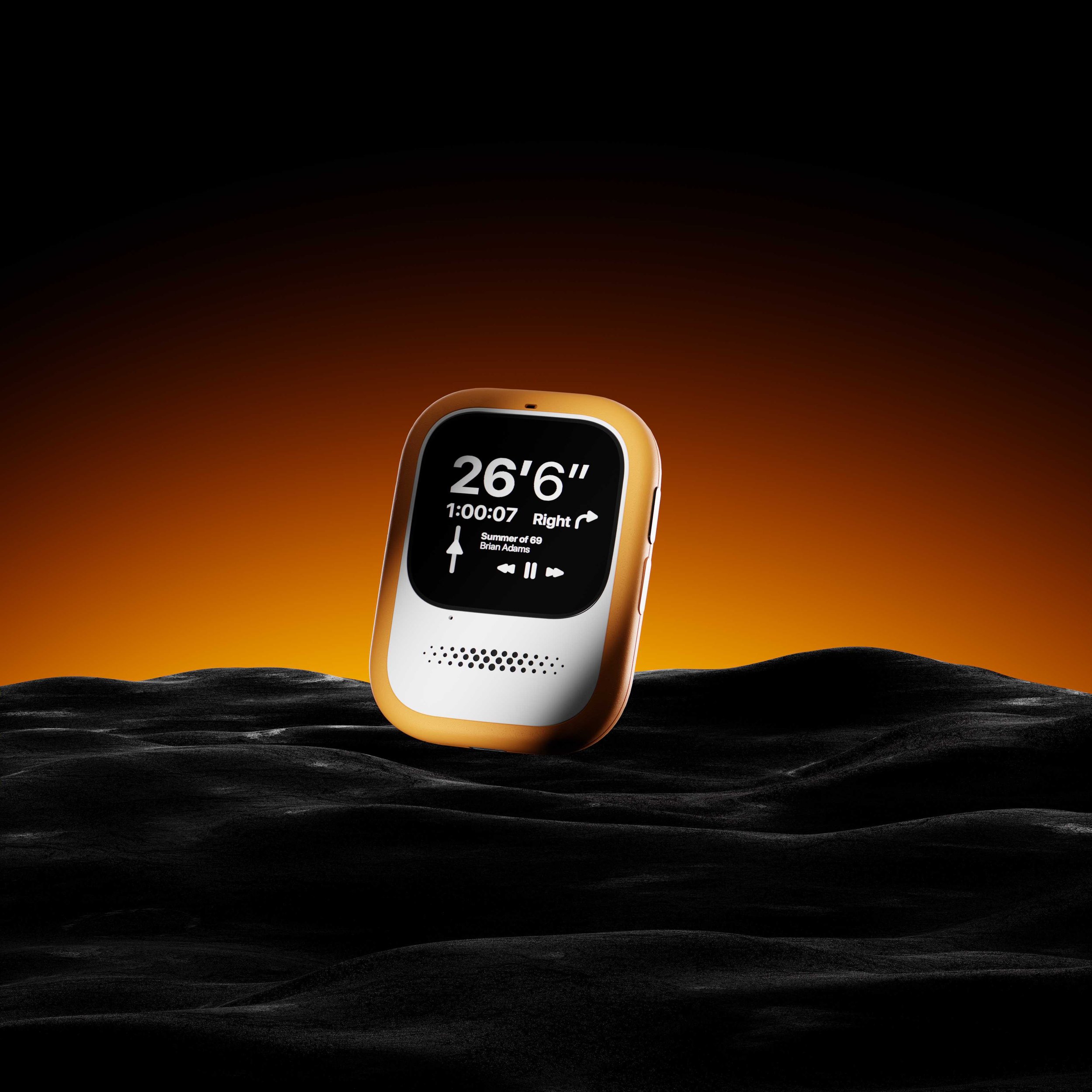 A GPS device displaying a distance of 26 feet 6 inches, with a track time of 1 hour, 0 minutes, and 7 seconds, showing a right turn, and music controls, positioned above a dark wave-like surface with a gradient orange and black background.