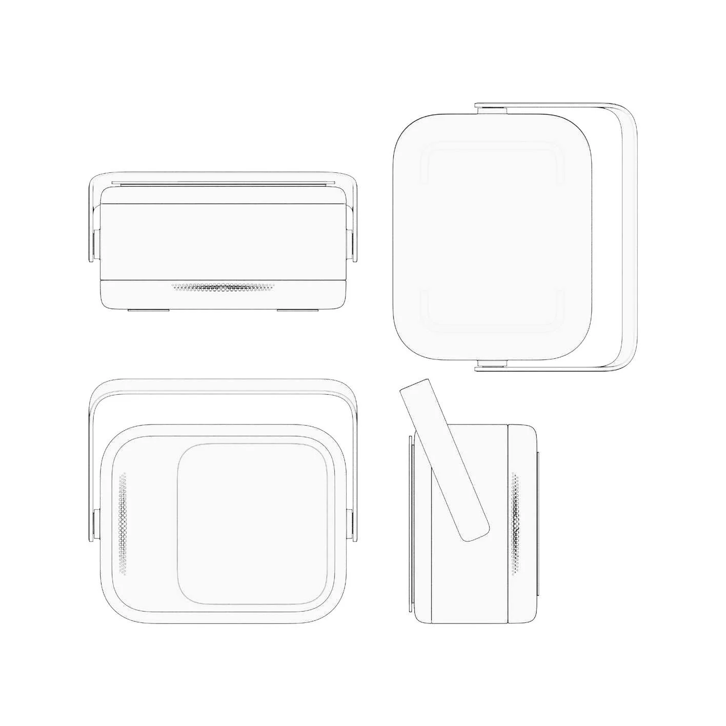 Line drawing of a compact, portable air purifier from multiple angles, showing its rectangular shape, removable filter, and adjustable stand.