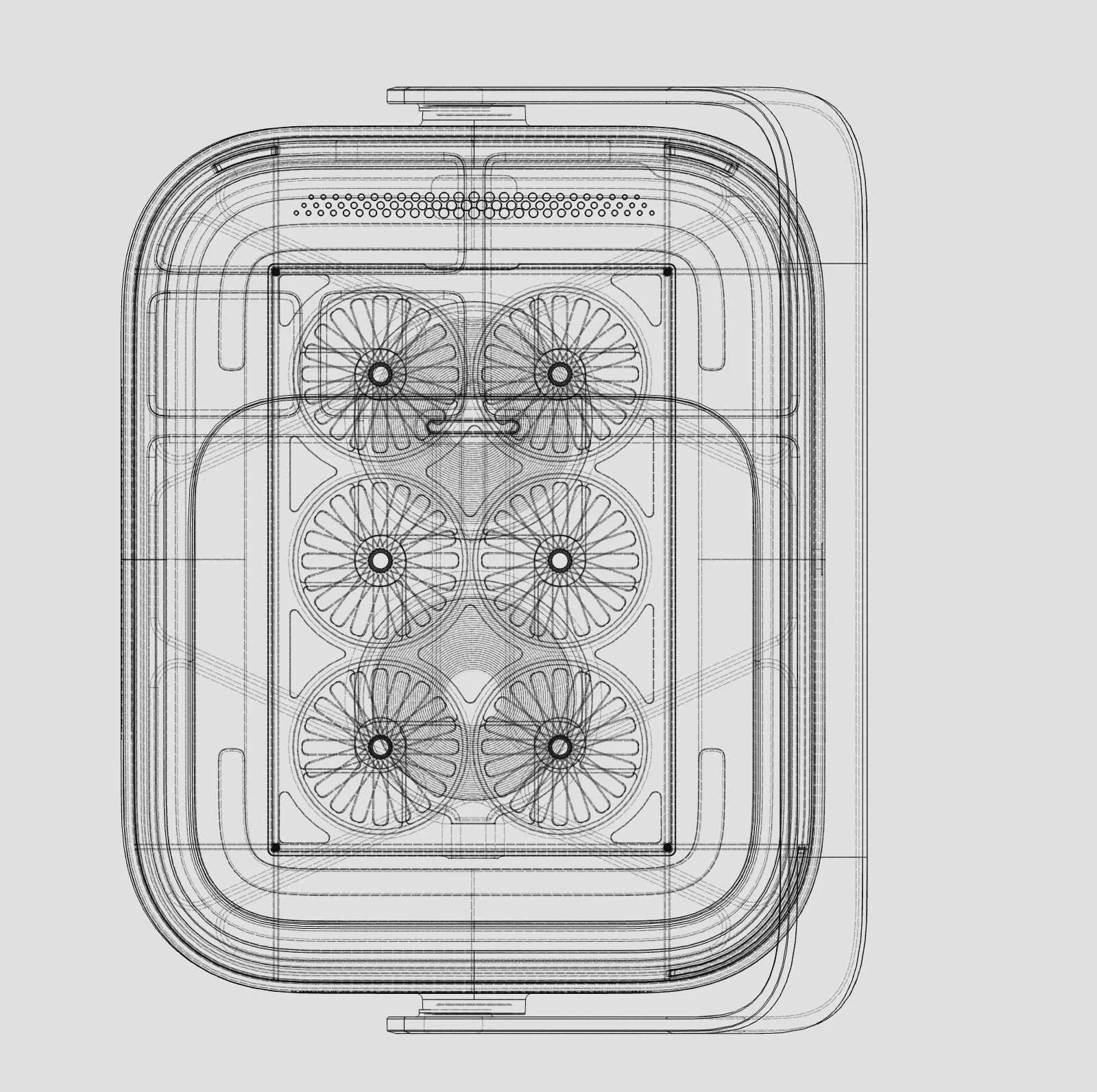 Technical drawing of a device with six circular components arranged in two columns and three rows, housed in a rectangular casing.