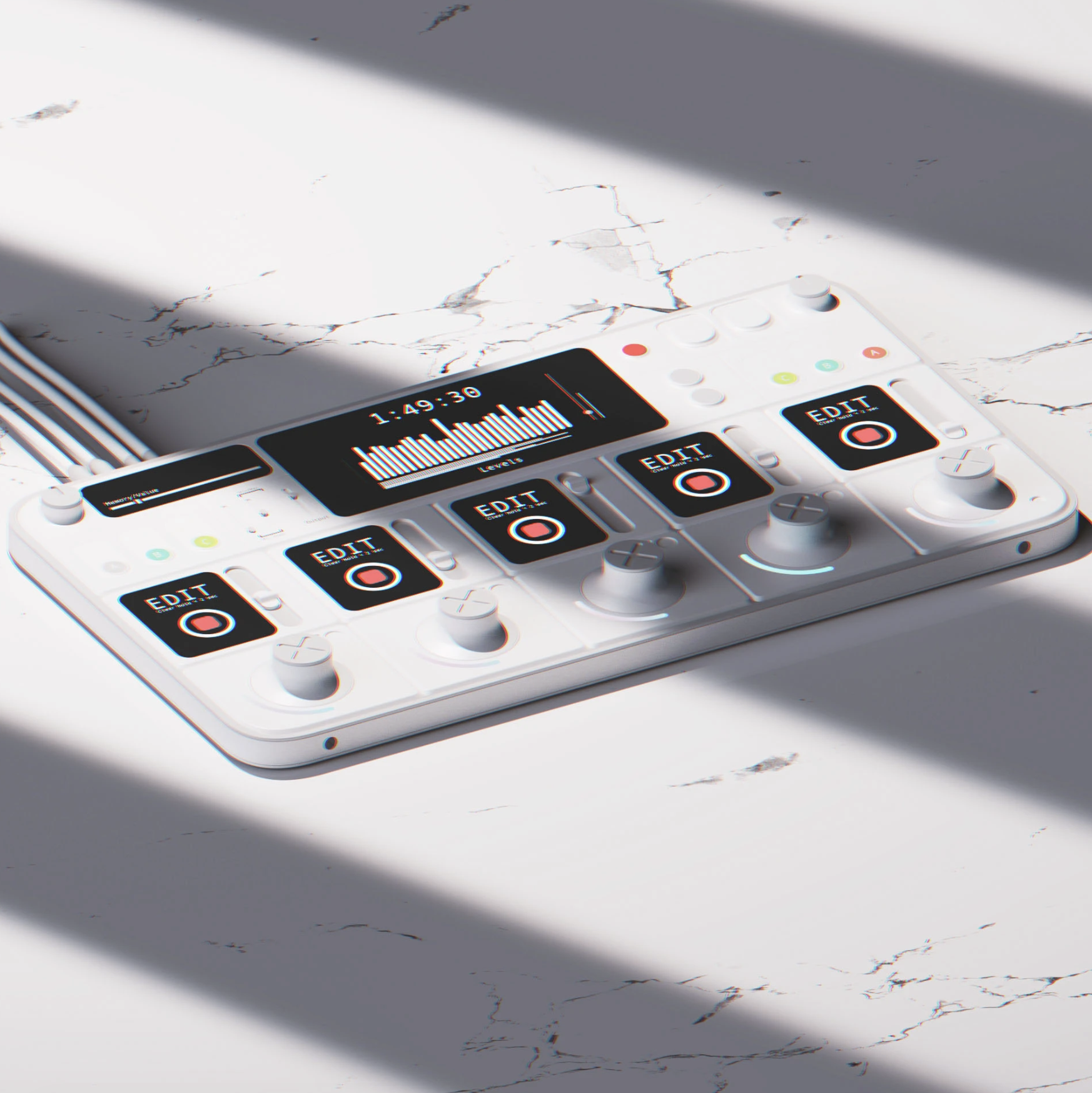 A modern music production device with multiple control buttons, sliders, and a digital display showing levels and time, placed on a white marble surface with shadows cast across it.