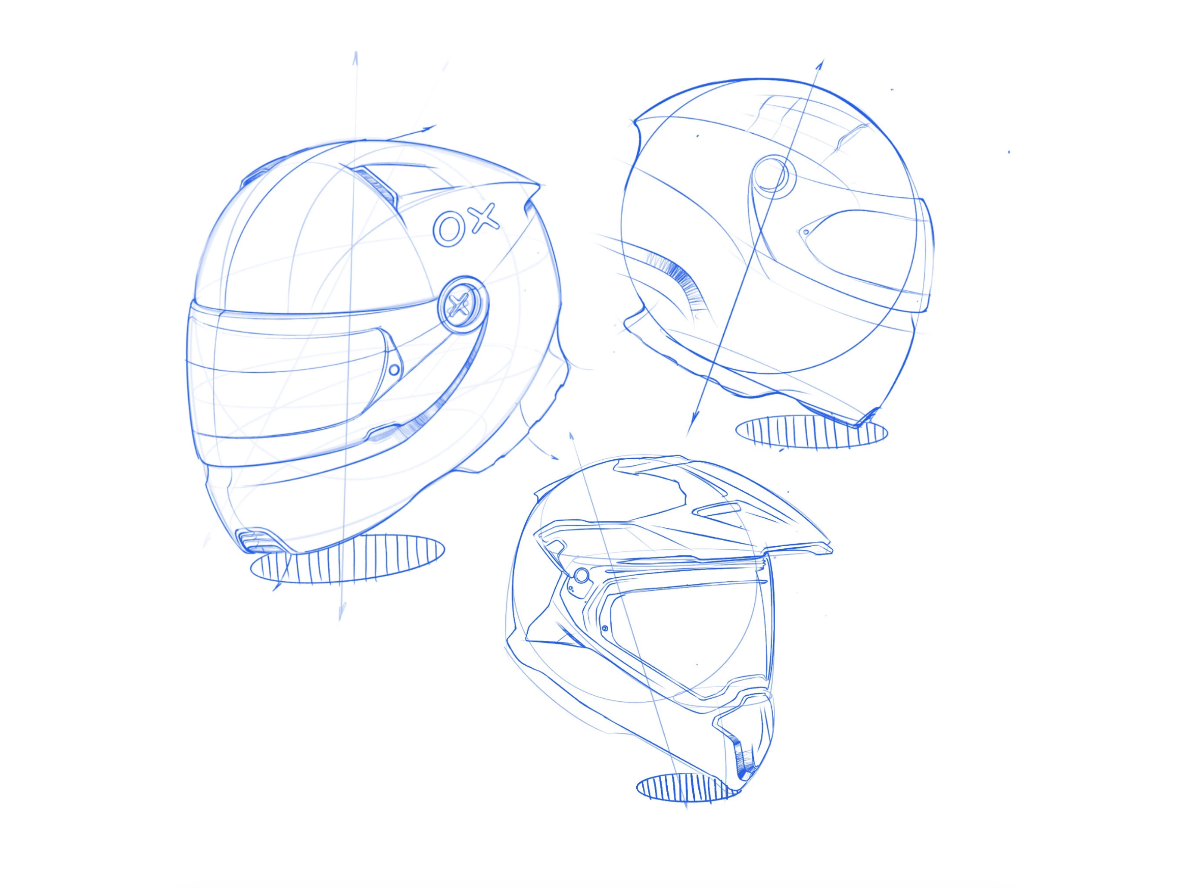 Blueprint sketches of motorcycle helmets from multiple angles with technical lines and measurements.