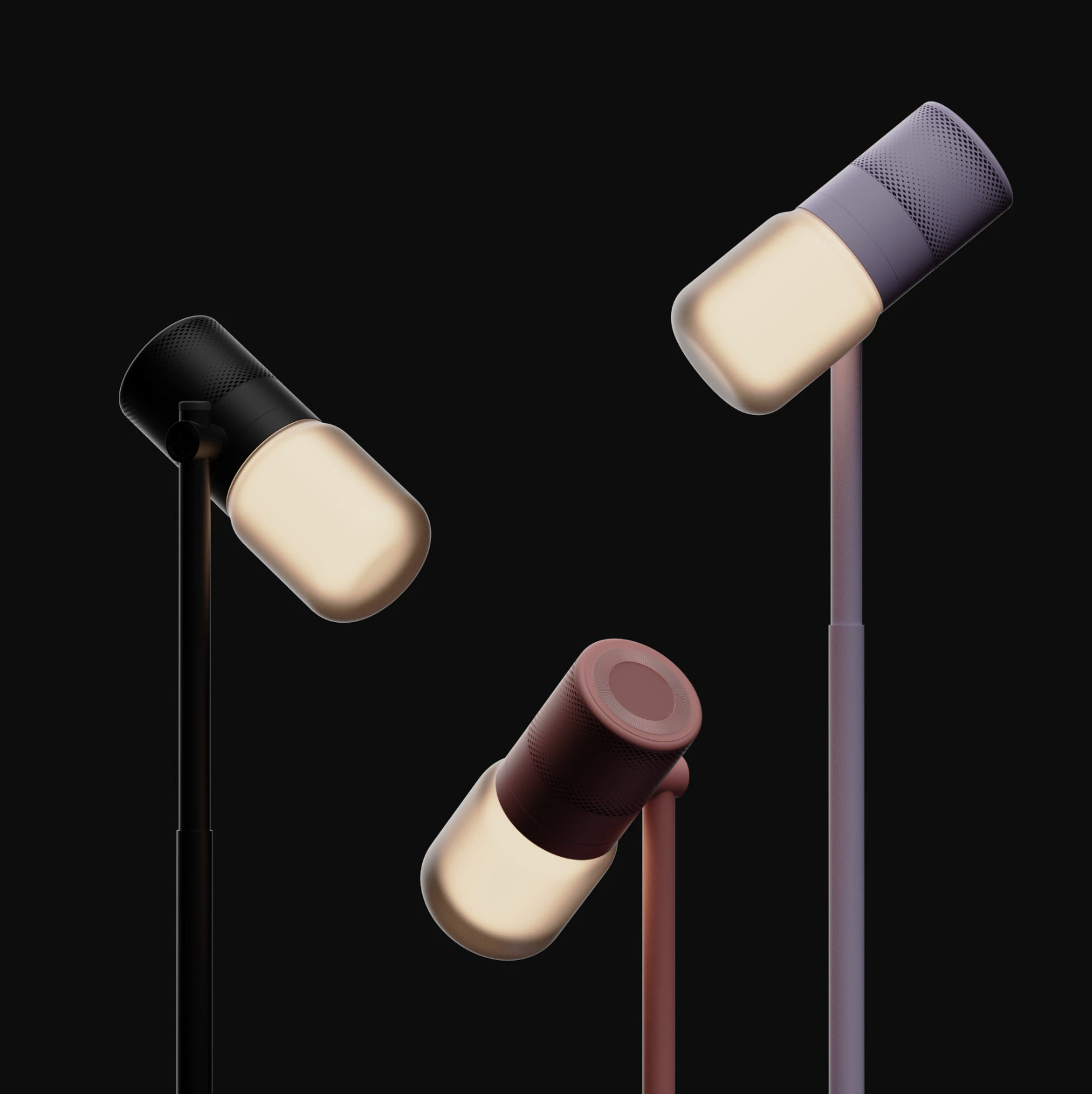 Three modern LED floor lamps with adjustable heads in black, purple, and burgundy, against a black background.