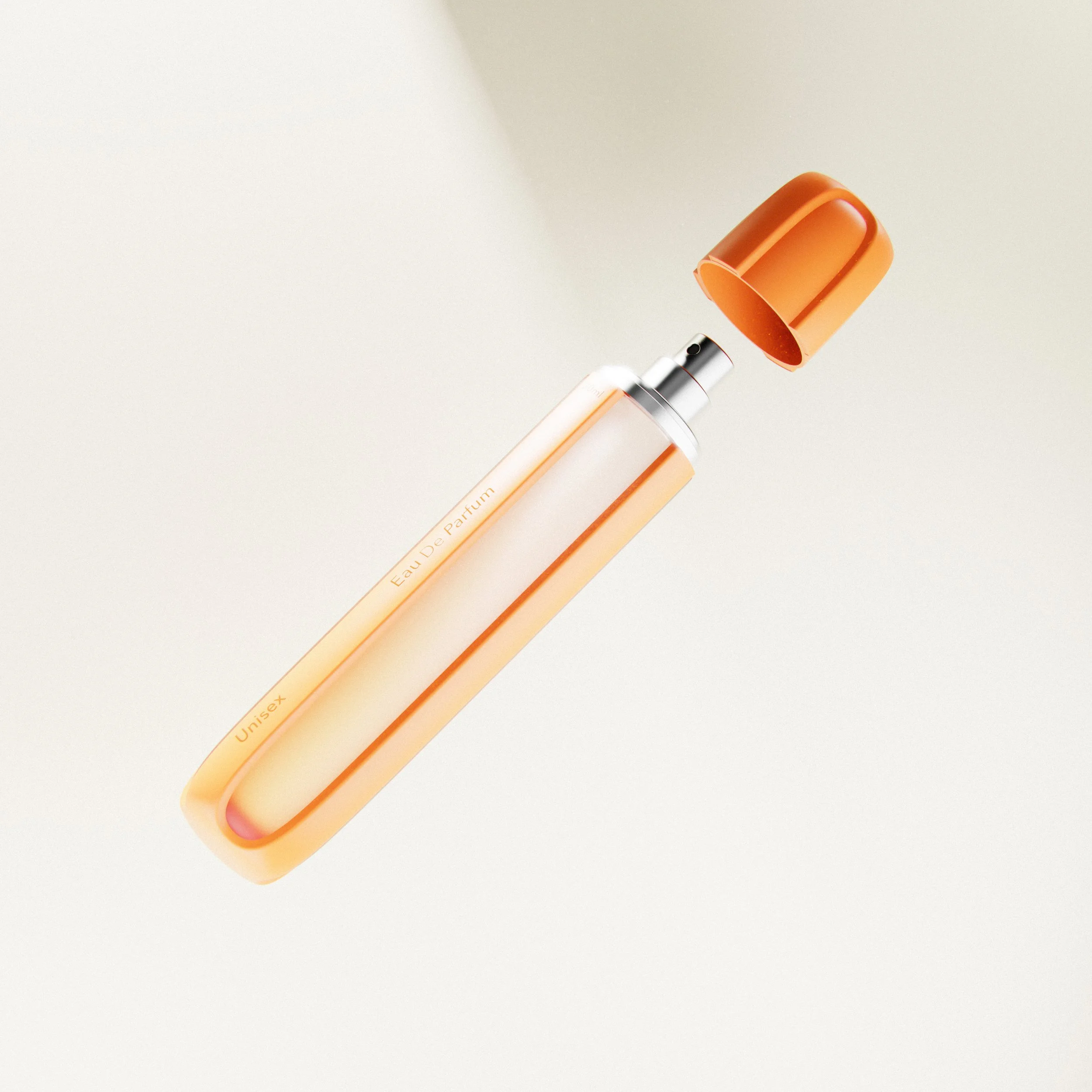 A perfume bottle shaped like a lipstick with orange accents and an open cap, labeled 'Eau De Parfum Unisex'.