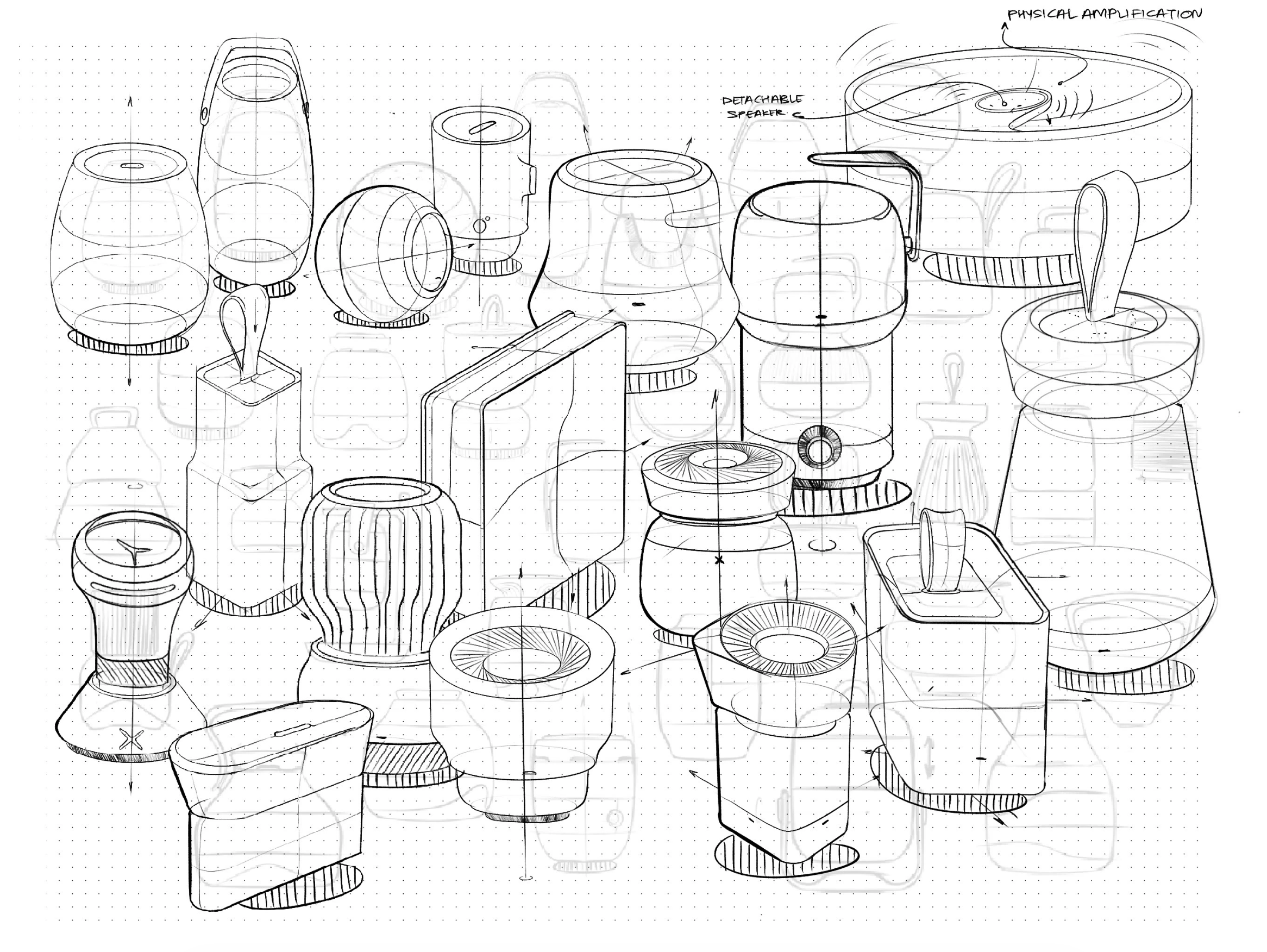 Technical line drawing of various audio equipment, including speakers, amplifiers, and sound systems.